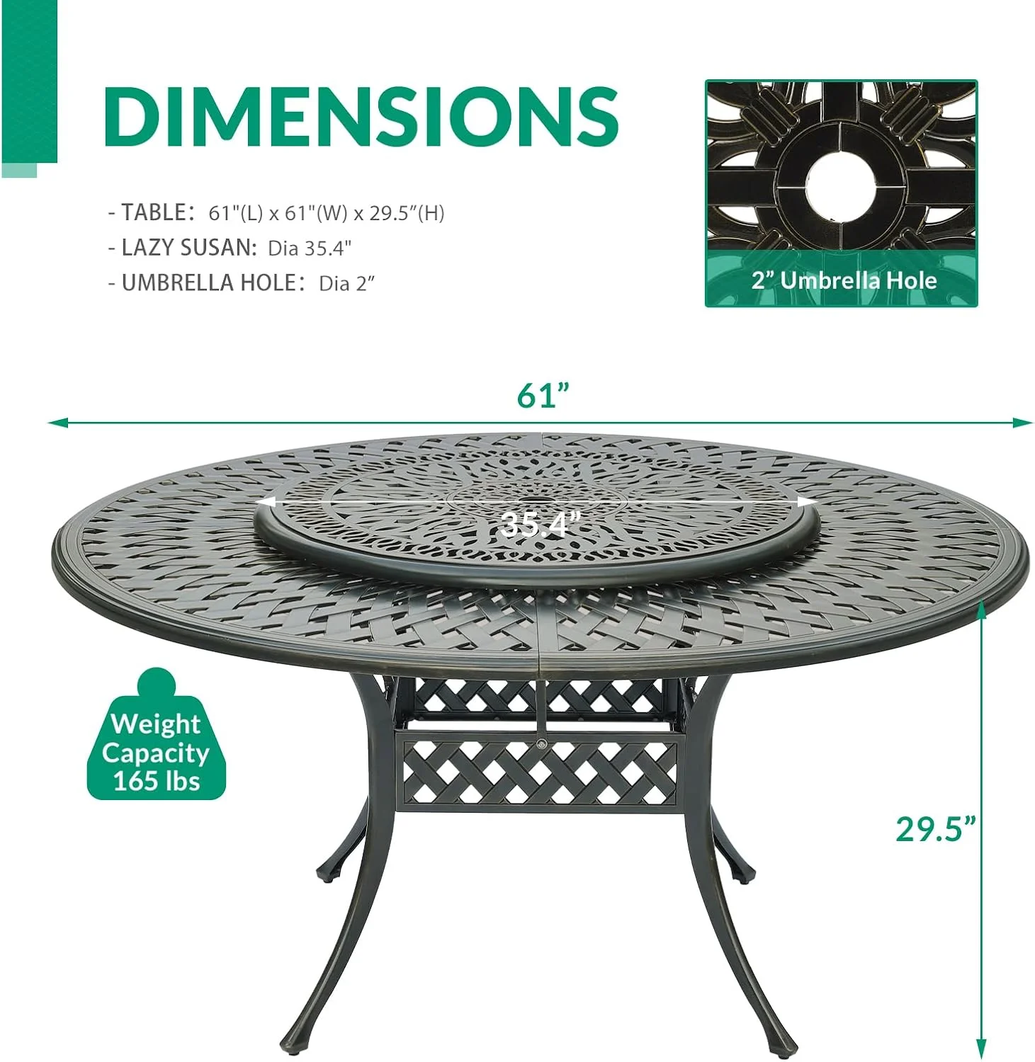VIVIJASON Outdoor 61" Patio Dining Table for 6-8 Person, Large Patio Round Dining Table with 24" Lazy Susan, Dark Bronze Cast Aluminum Rustic Patio Table W/Umbrella Hole for Balcony, Porch and Deck - Image 11