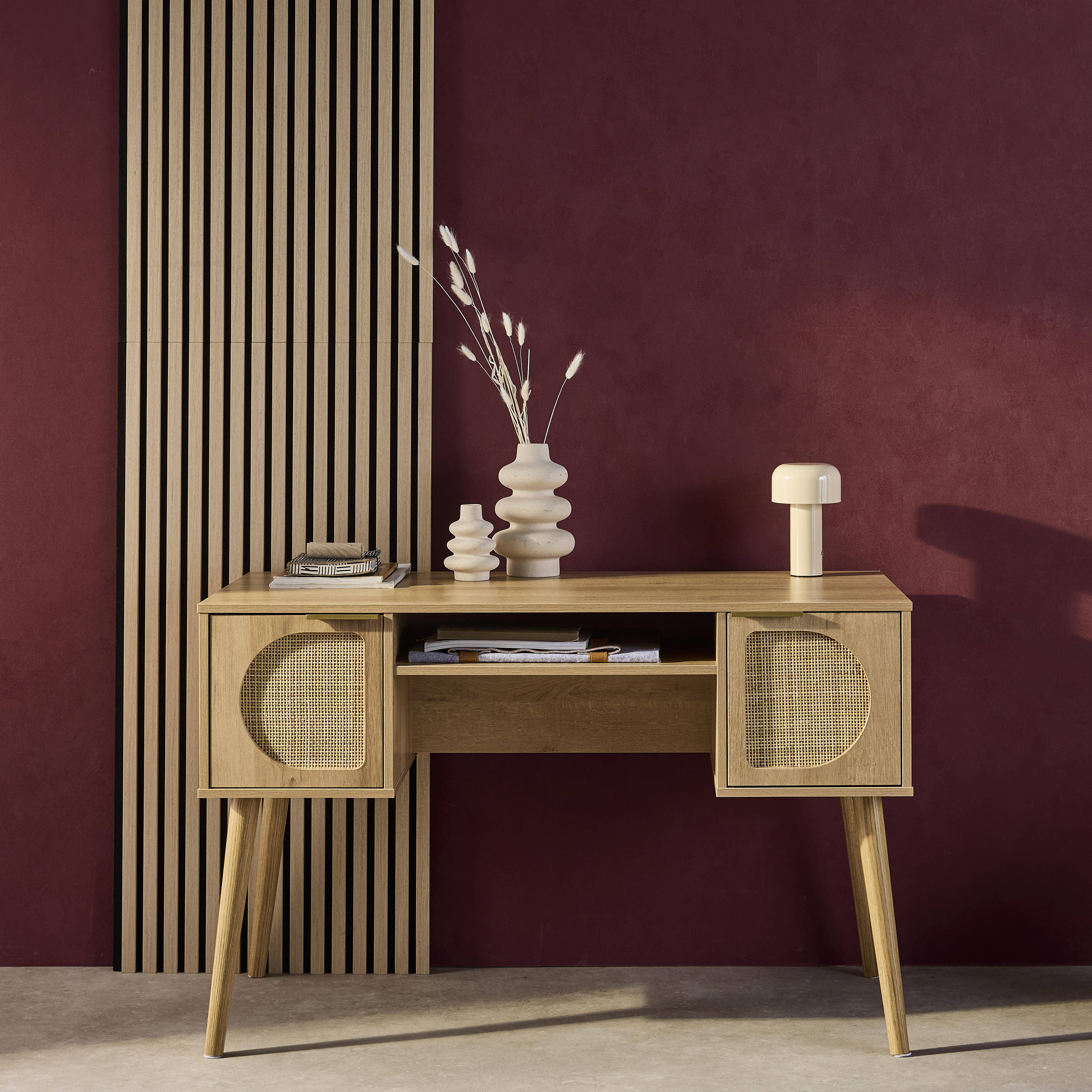 Eva - Oficina efecto madera y mimbre, 2 cajones
