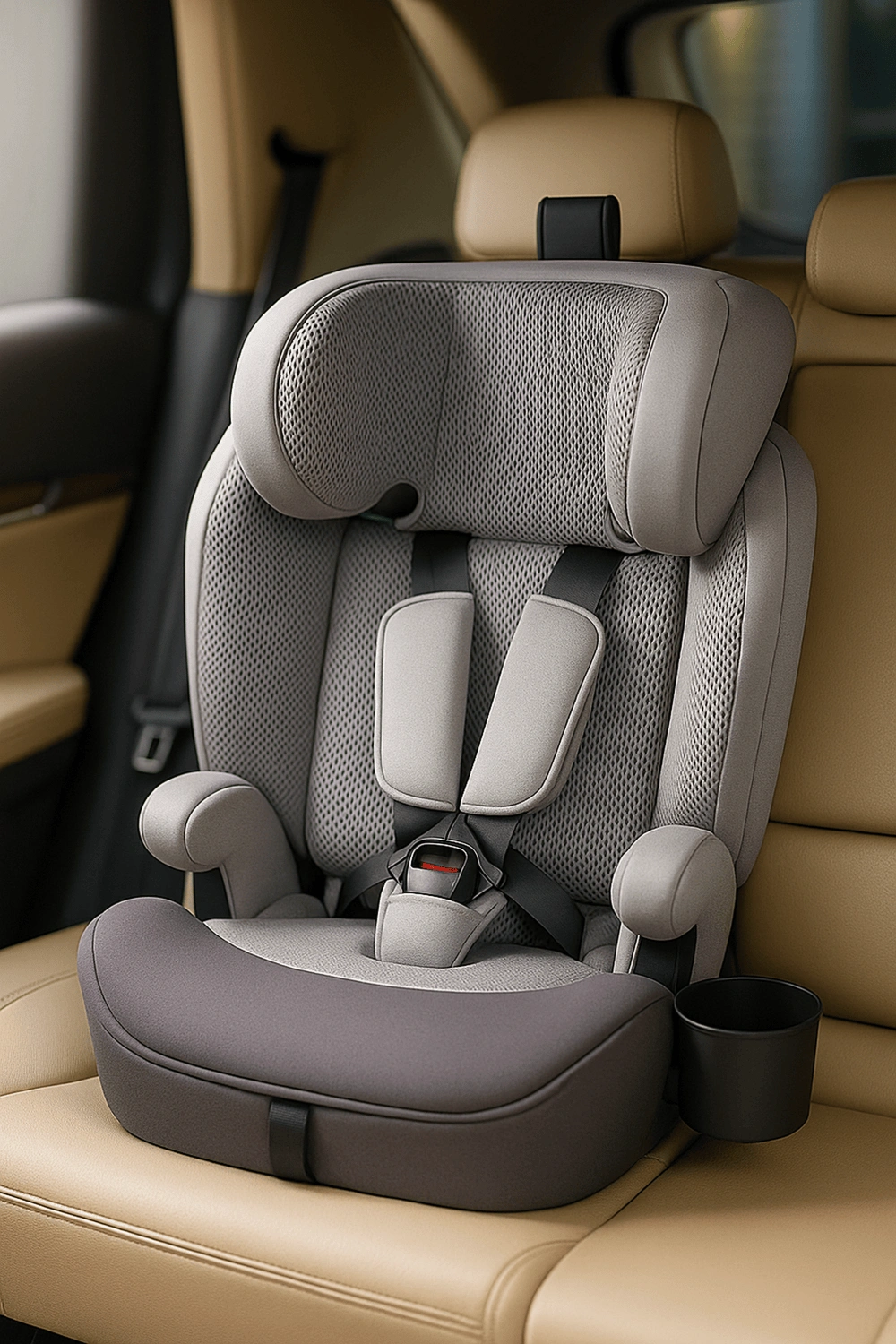 Silla de coche con respaldo ajustable en 3 posiciones y portavasos, hasta 36 kg, con arnés de 5 puntos y protección lateral, color gris claro, apta para 3 a 12 años, reposacabezas ajustable en 7 alturas