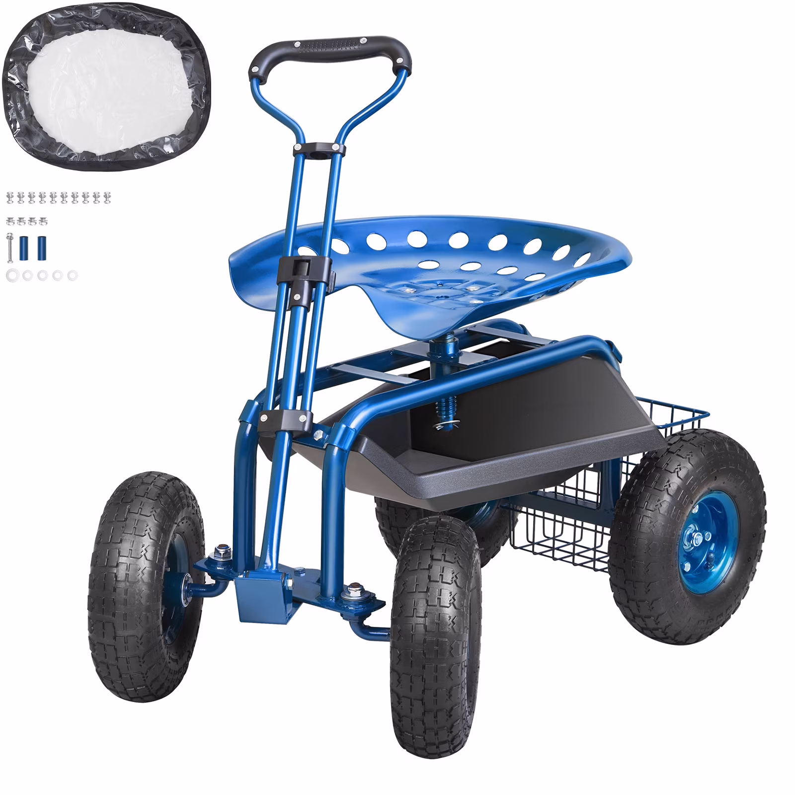 KFFKFF Garden Cart Rolling Workseat with Wheels, Gardening Stool for Planting, 360 Degree Swivel Seat, Wagon Scooter with Steering Handle & Utility Tool Tray, Use for Patio, Yard, and Outdoors - Image 3
