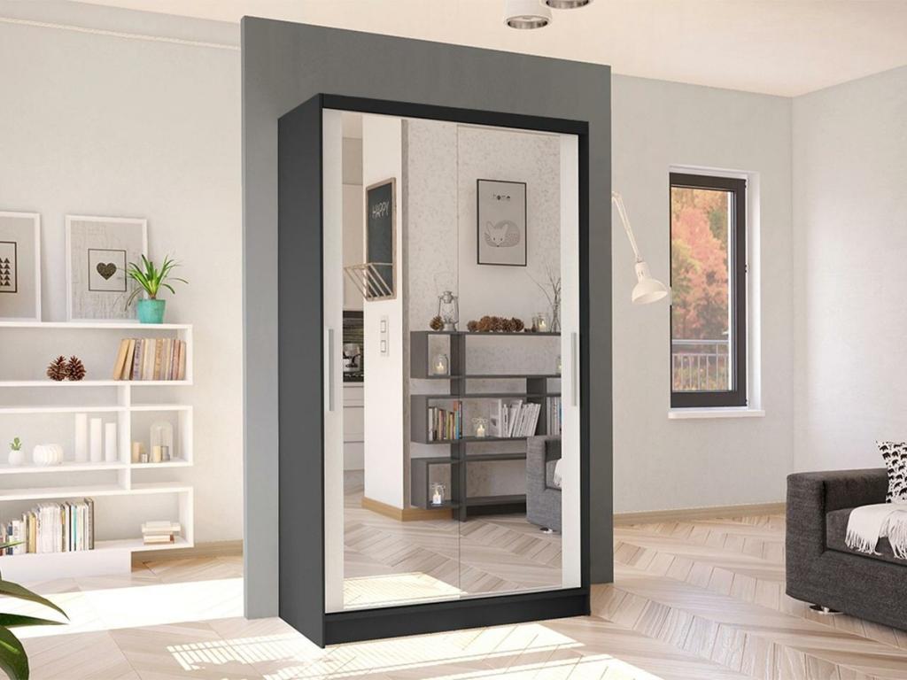Armario Atlanta 166, Blanco|Negro, 200x100x58cm, Puertas de armario: Correderas