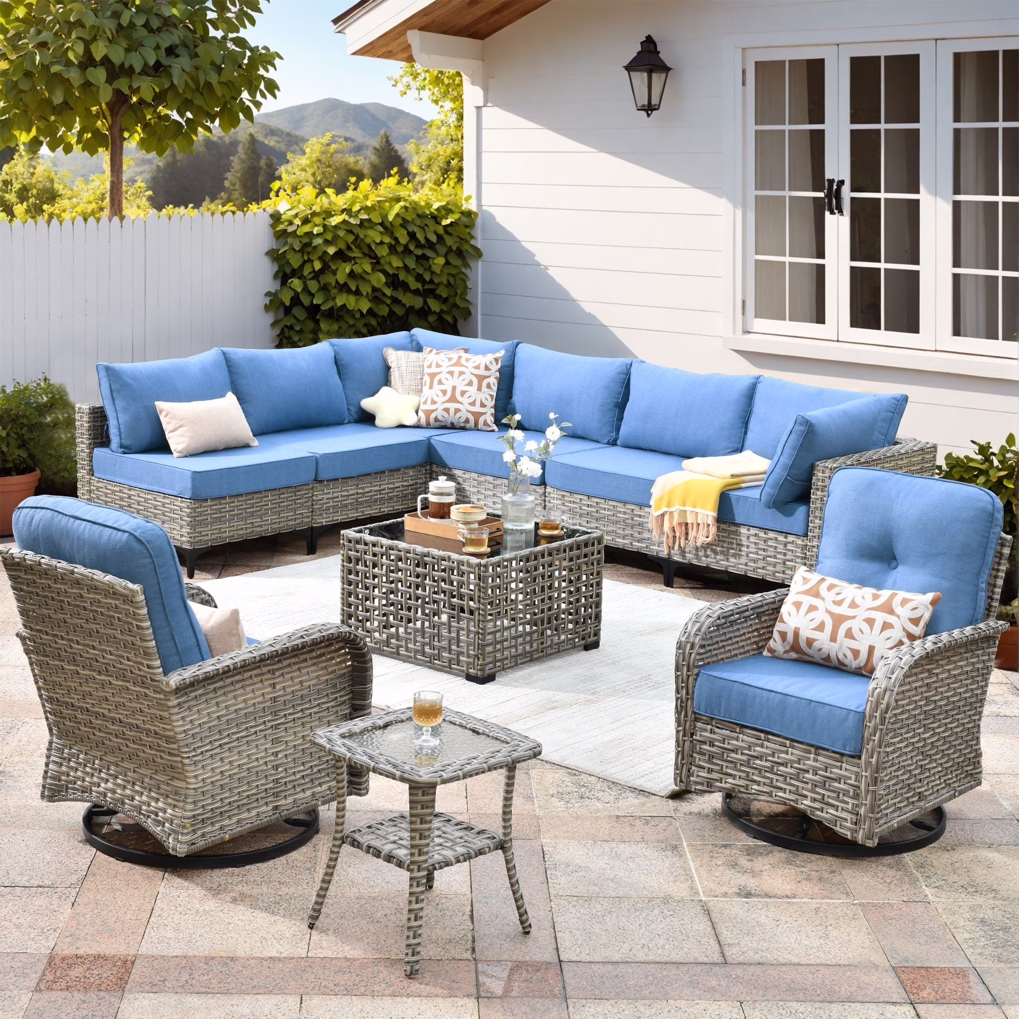 Vcatnet Outdoor Patio Furniture Sets 10 Pieces Sectional Sofa Wicker Conversation Set with Swivel Glider Chairs and Solar Powered Coffee Table for Porch,Backyard,Gray - Image 11