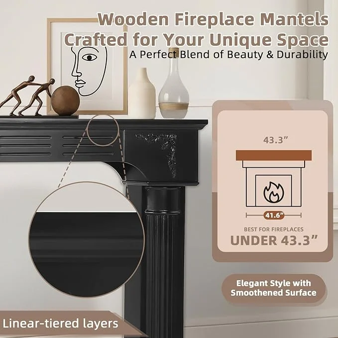 EPICOZY 43.3" Fireplace Mantel, Freestanding Fireplace Surround with Leg for Electric Fireplaces, MDF Mantel Surround with Shelf for Living Room with Decorative Pattern, Anti-Tipping & Waterproof - Image 2