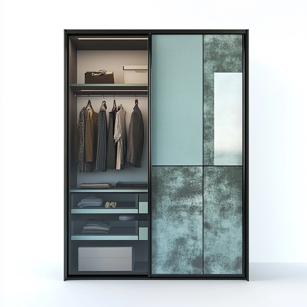 Armario de dormitorio moderno con puertas correderas azul y verde madera y cristal gran capacidad 200x60x220cm organizador multifuncional BC8011195