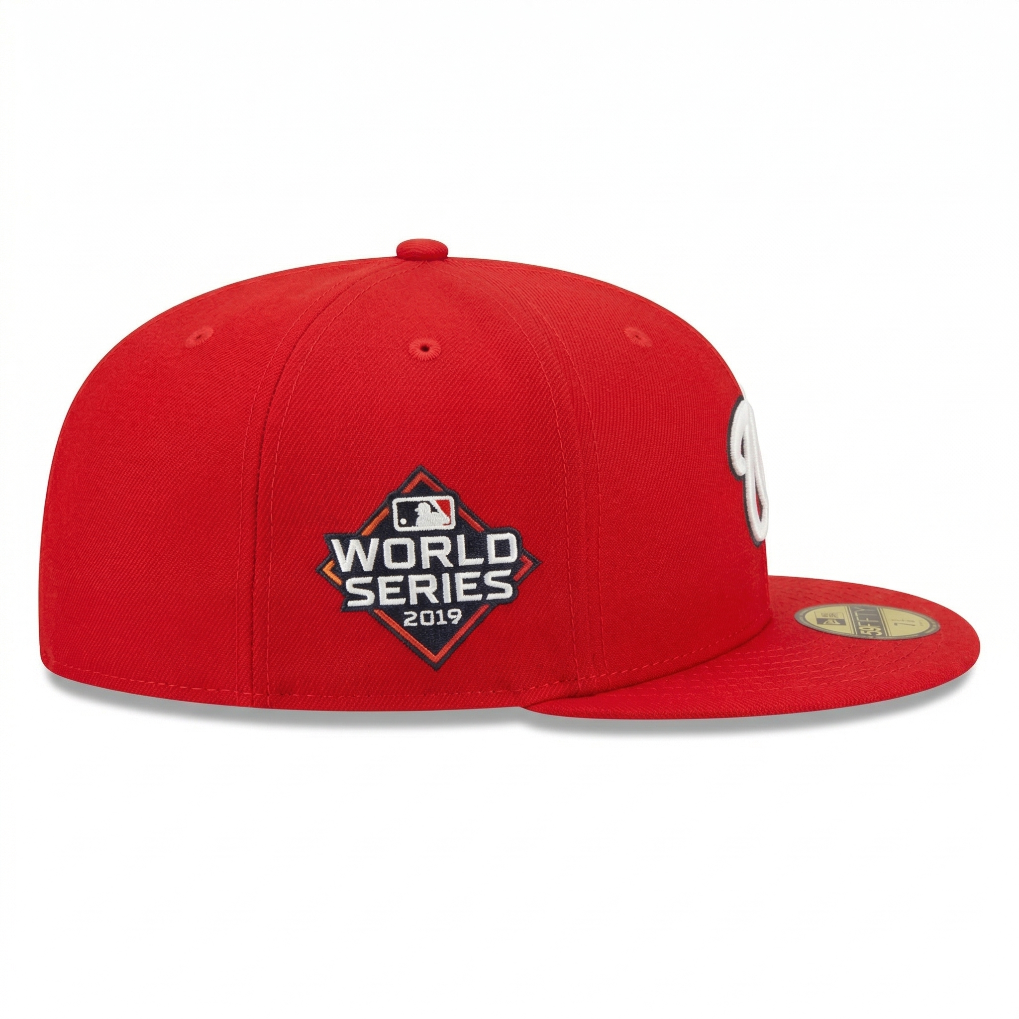 New Era Red Fitted Baseball Cap with 2019 World Series Side Patch, side profile view