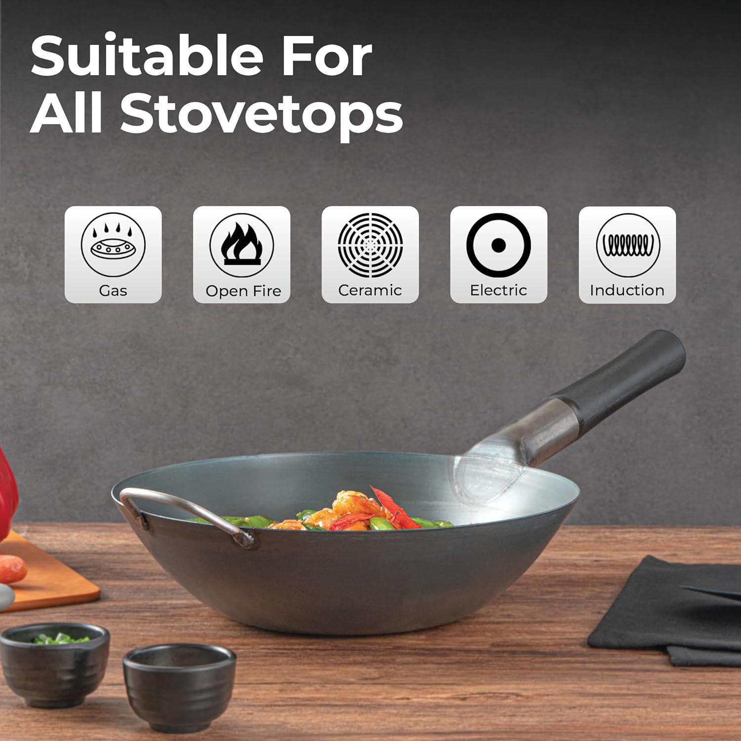 Restaurantware Carbon Steel Wok 1 Pack of 13.3 Inch Heavy-Duty Uniform Heat Distribution Pan Induction Compatible Flat Bottom Wok Welded Handle Black For Gas Stovetops And Grills
