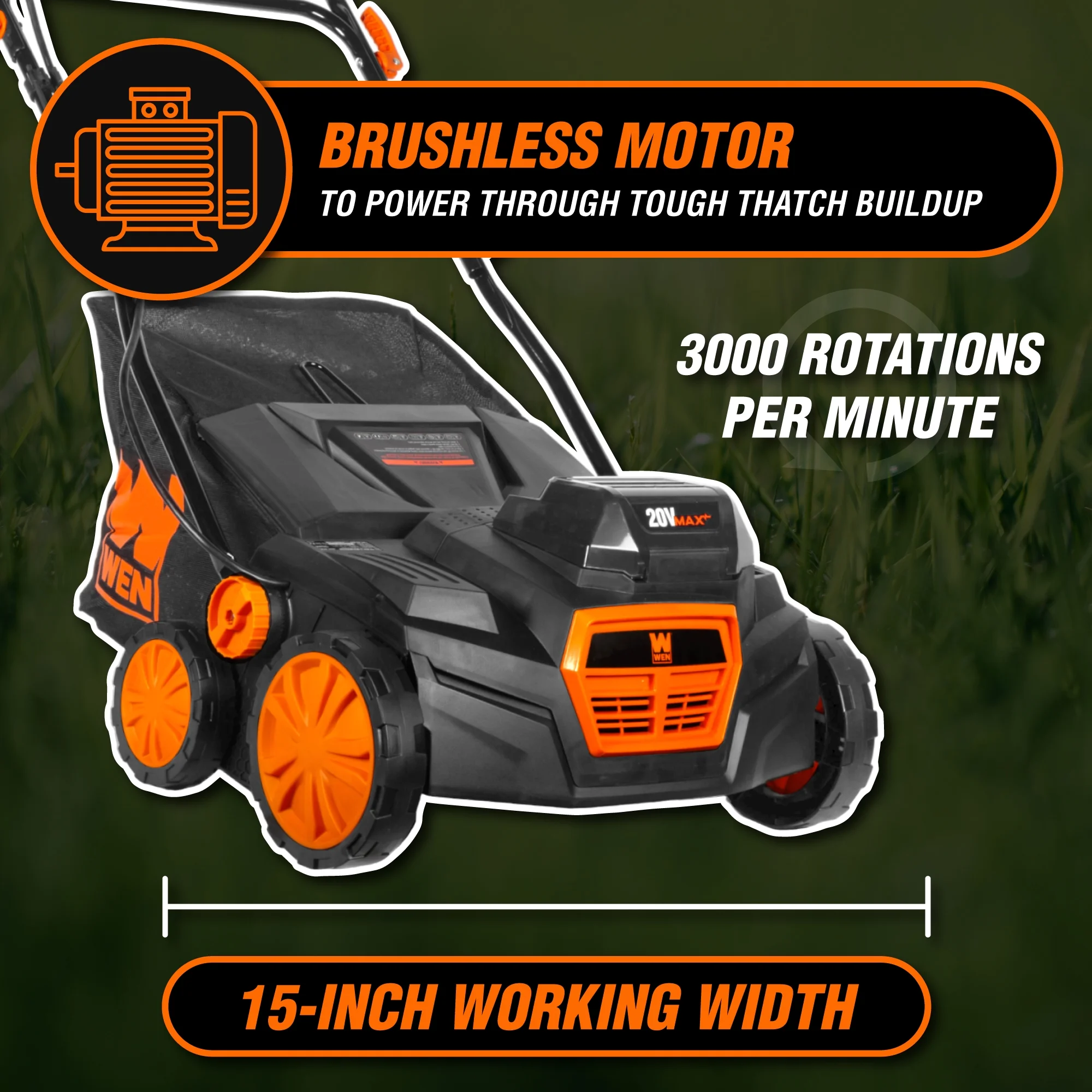 WEN 15" 20V Cordless Electric Dethatcher and Scarifier Walk-Behind Lawn Mower - Image 5