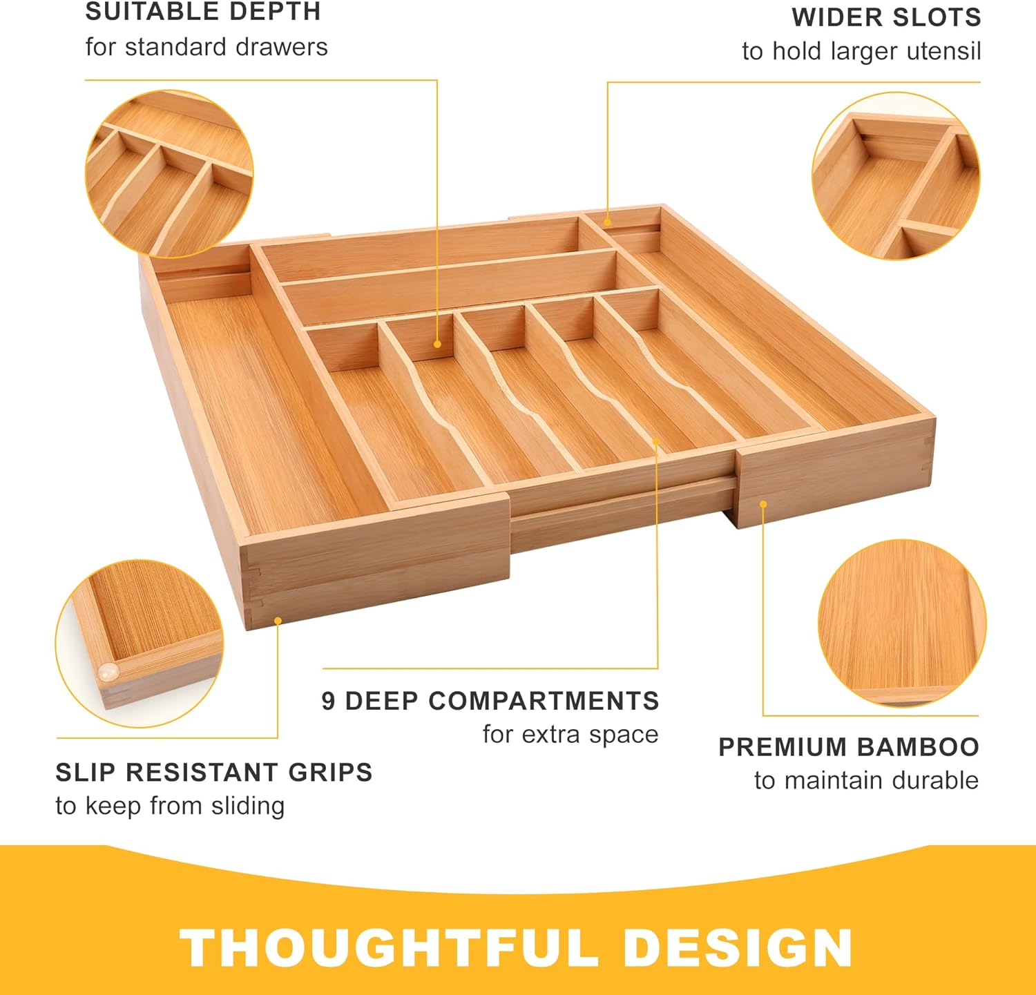 Large Premium Bamboo Silverware Organizer - Expandable Drawer Organizer & Utensil Organizer - 17