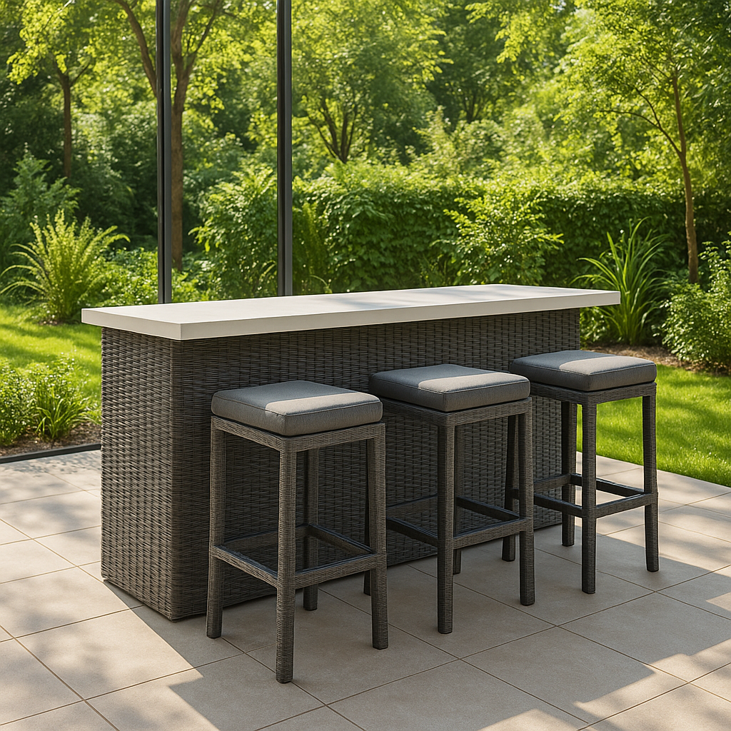 Bar de jardín mesa alta con taburetes, marrón, ratán sintético y madera, para exterior, 120 cm largo x 55 cm ancho x 110 cm alto