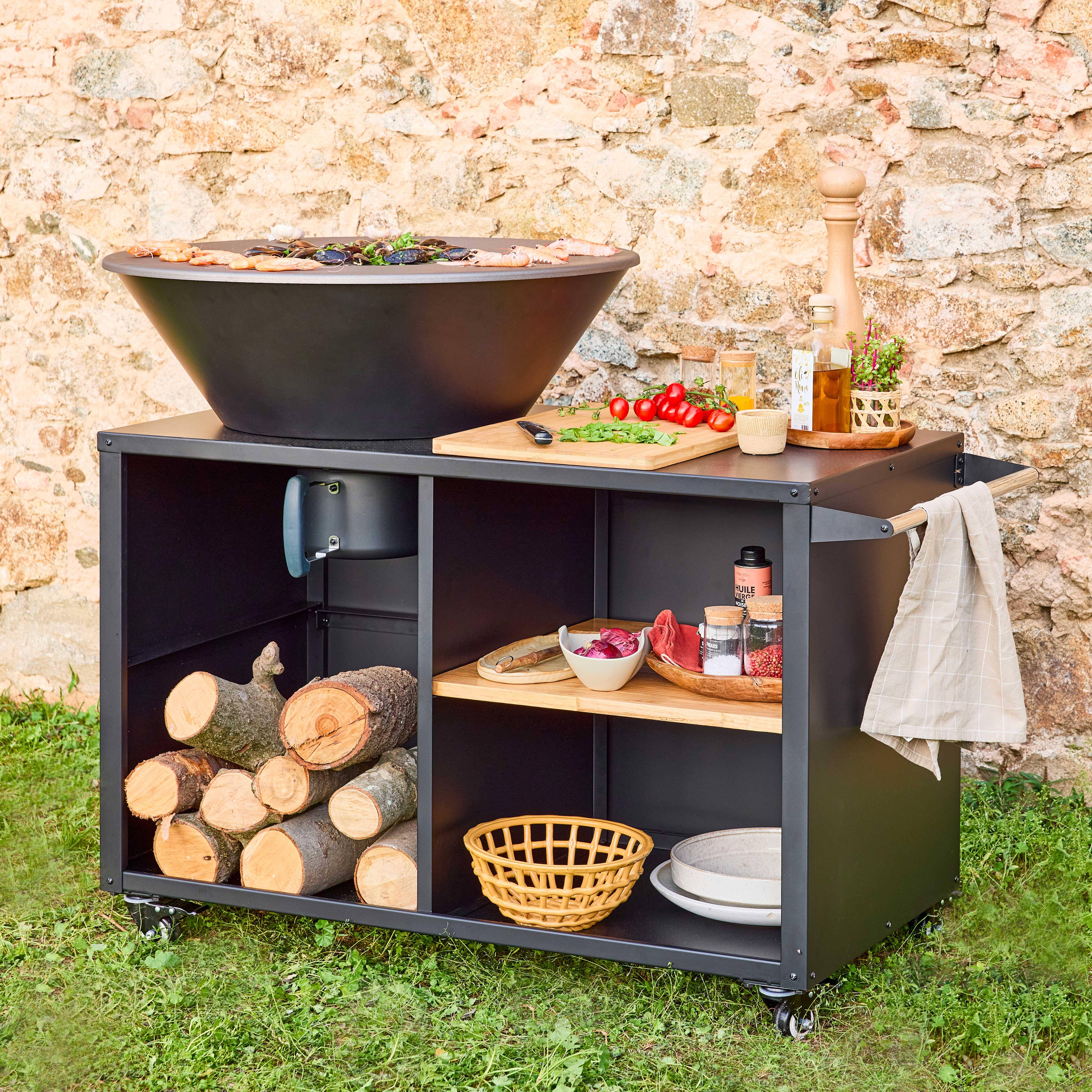 Stromboli - Brasero barbacoa 80cm + carrito con espacios de almacenamiento