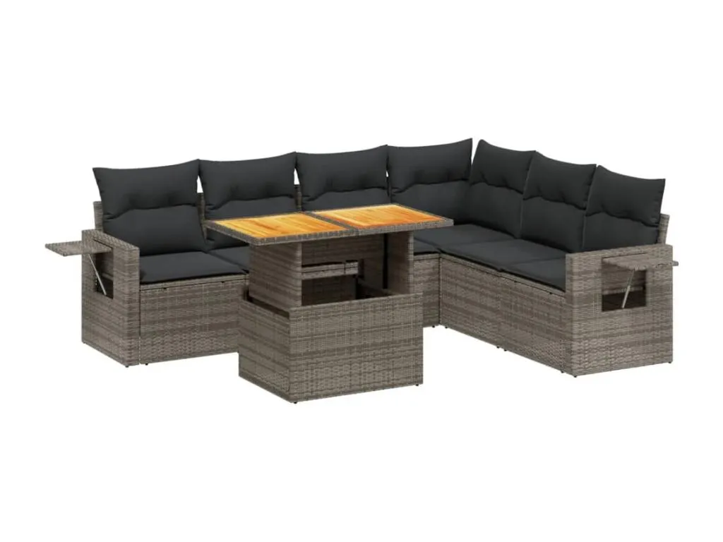 Set de sofás de jardín 7 piezas con cojines ratán PE gris XBUA25745