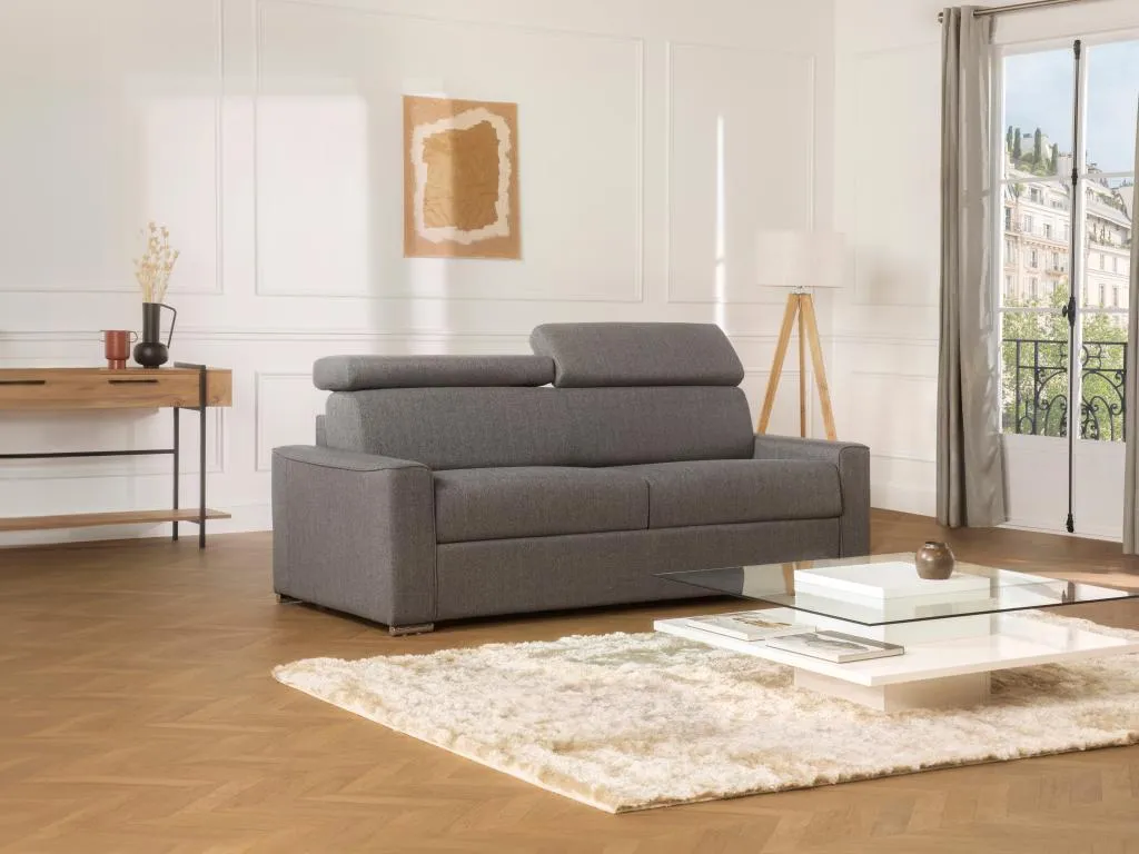 Sofá cama de 3 plazas de tela de apertura rápida Decounico - Gris - Somier de láminas de 140 cm - Colchón de 22 cm con memoria de forma
