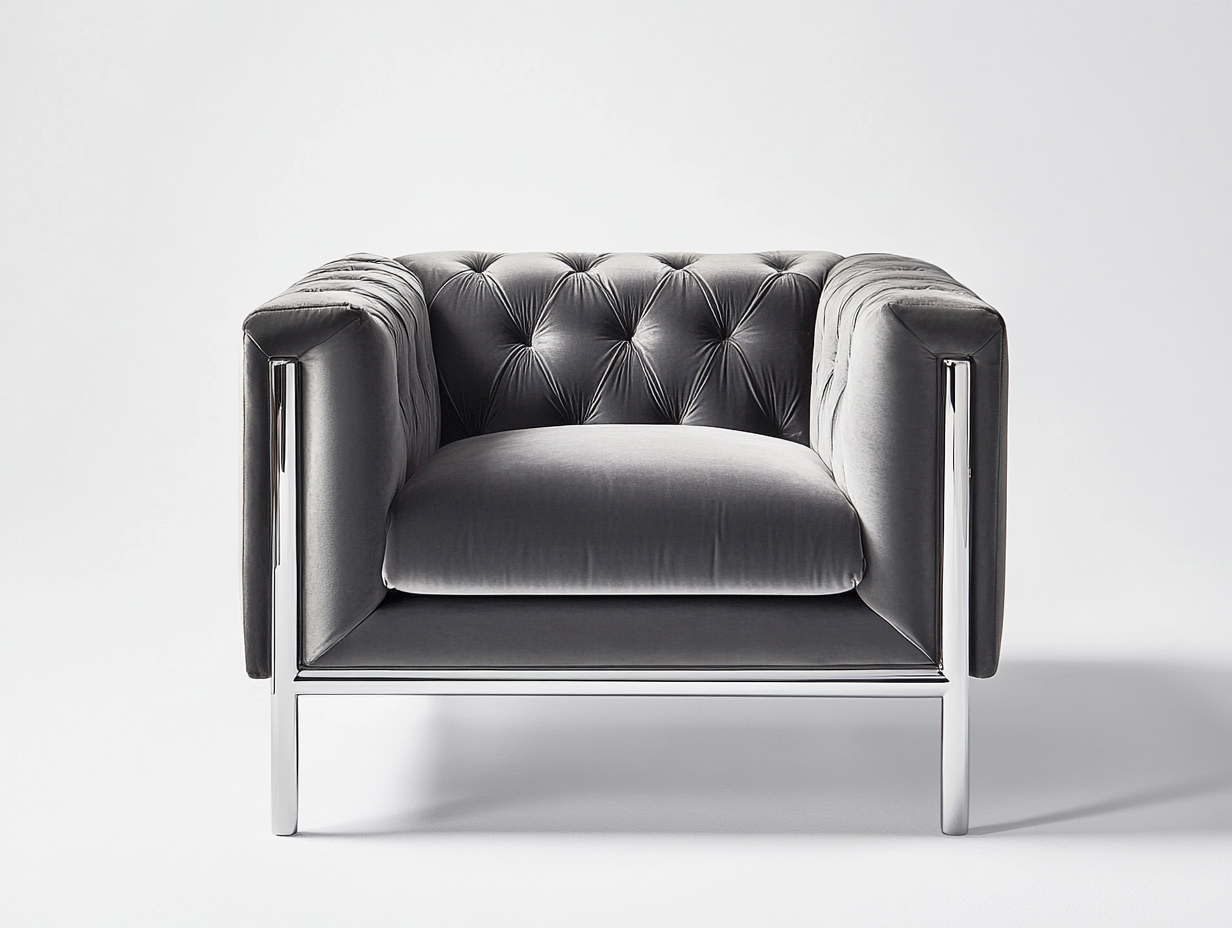 Sillón de terciopelo 95×85×75 cm – gris grafito – con patas de acero inoxidable y diseño capitoné