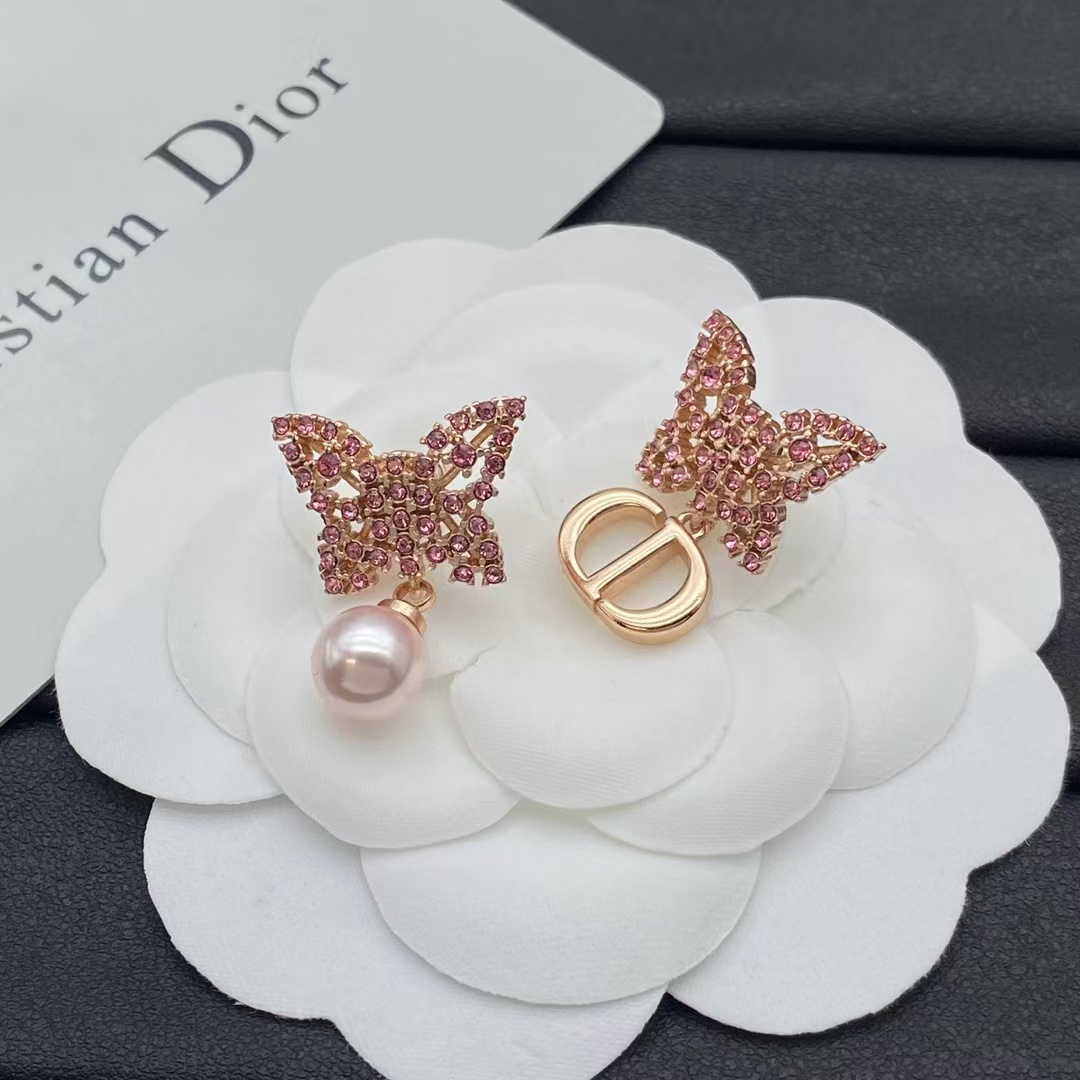 Dior Asymmetric Rose Gold-Finish Pink Butterfly Earrings - Original Replica Club