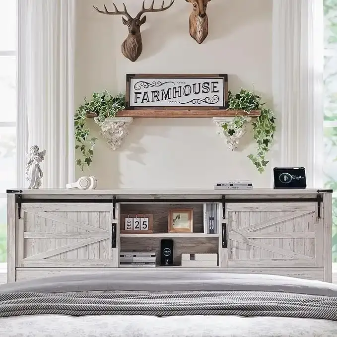 Farmhouse Platform Bed with Storage Headboard Sliding Doors and Charging Station