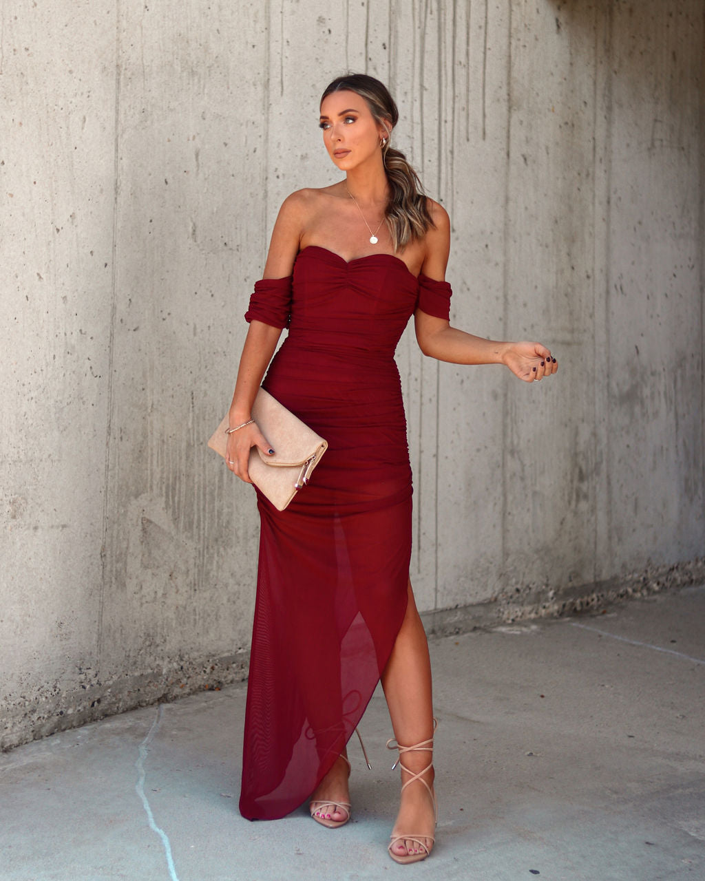 Pretty Women Off The Shoulder Sheer Maxi Dress - Wine - Se7enfashion