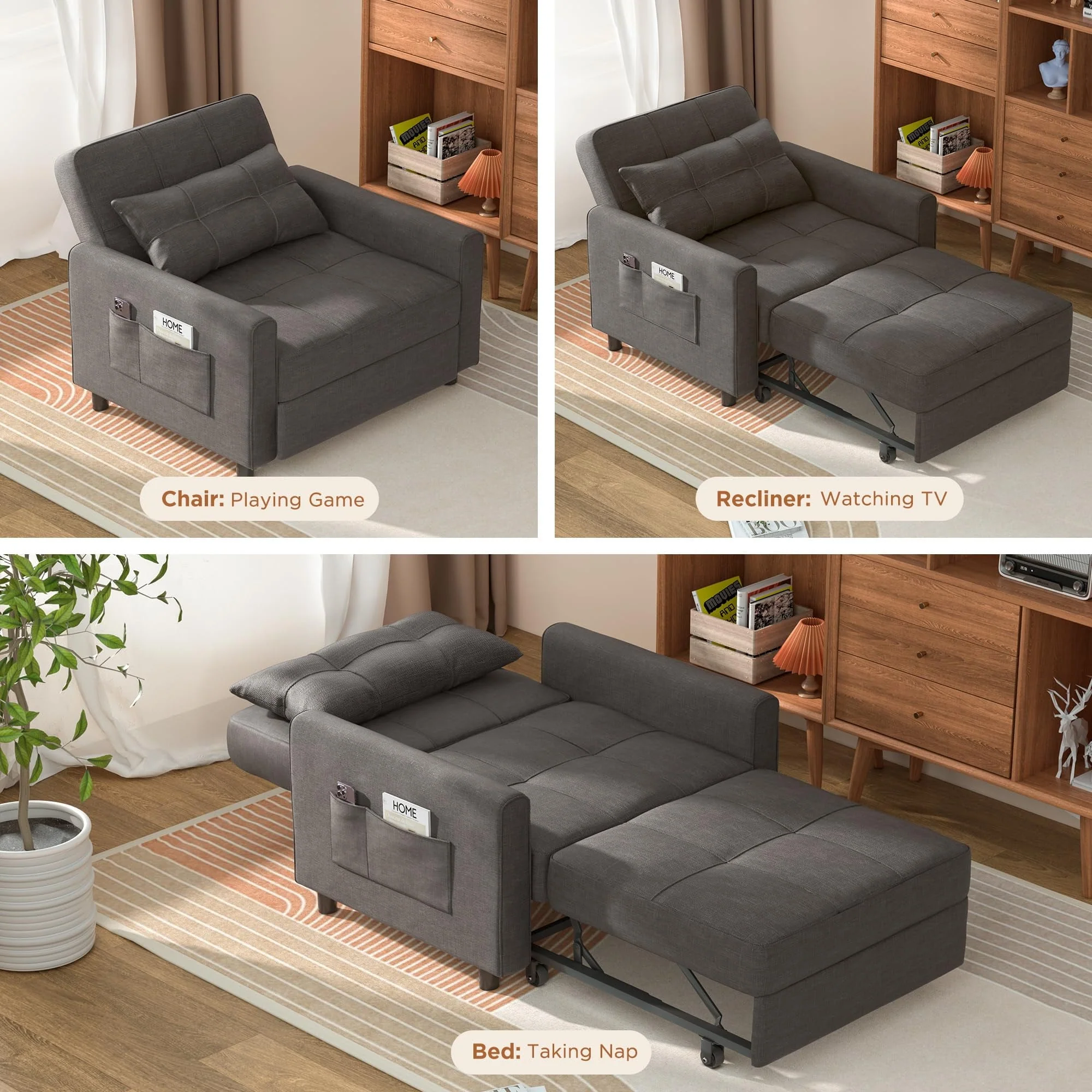 Convertible Sofa Bed, 73.6'' 3 in 1 Sleeper Chair Bed with Adjustable Backrest, Dark Gray - Image 6