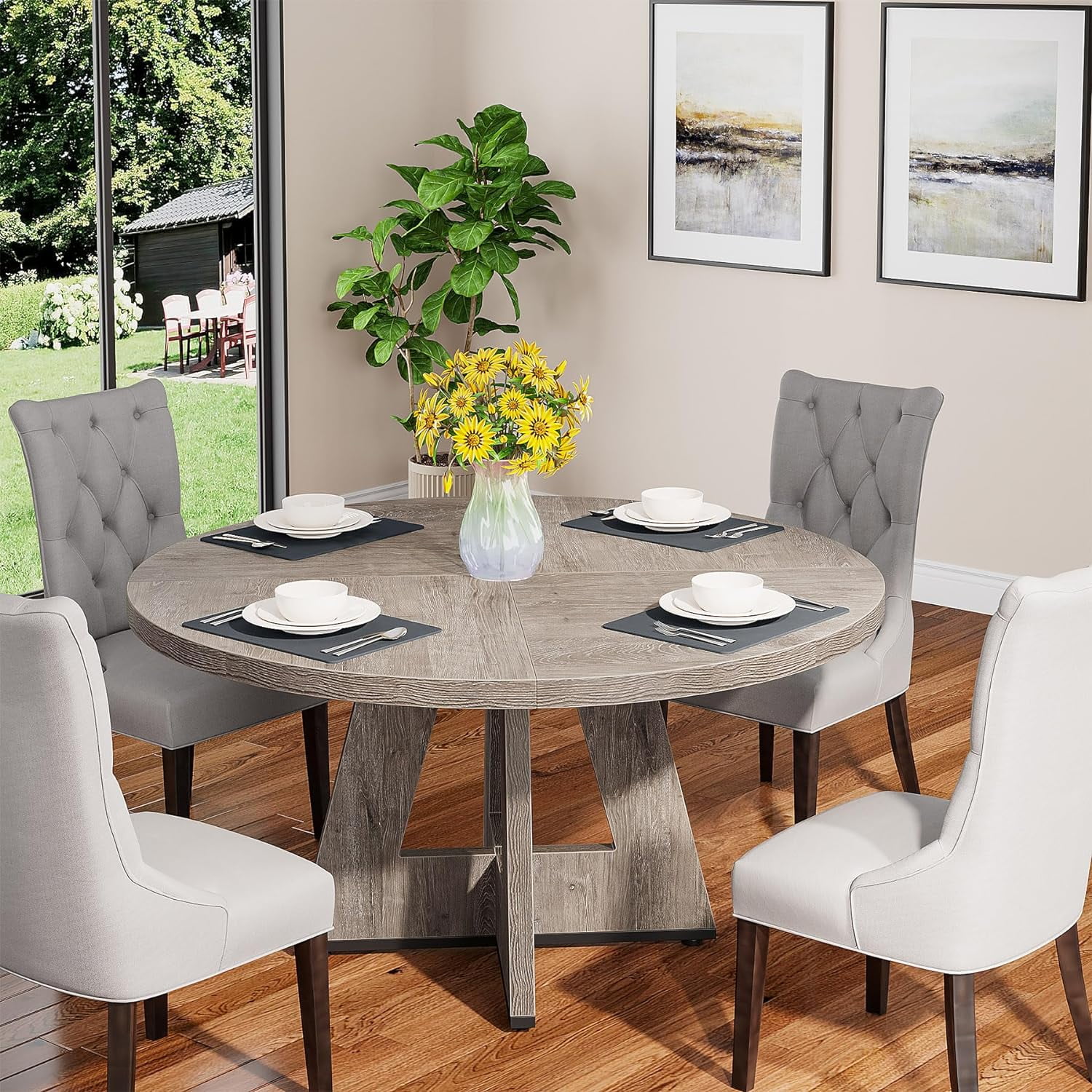 Tribesigns Round Dining Table for 4, Grey Kitchen Table 47 Inch Farmhouse Wood Kitchen Dinning Table for Kitchen Living Room - Image 2