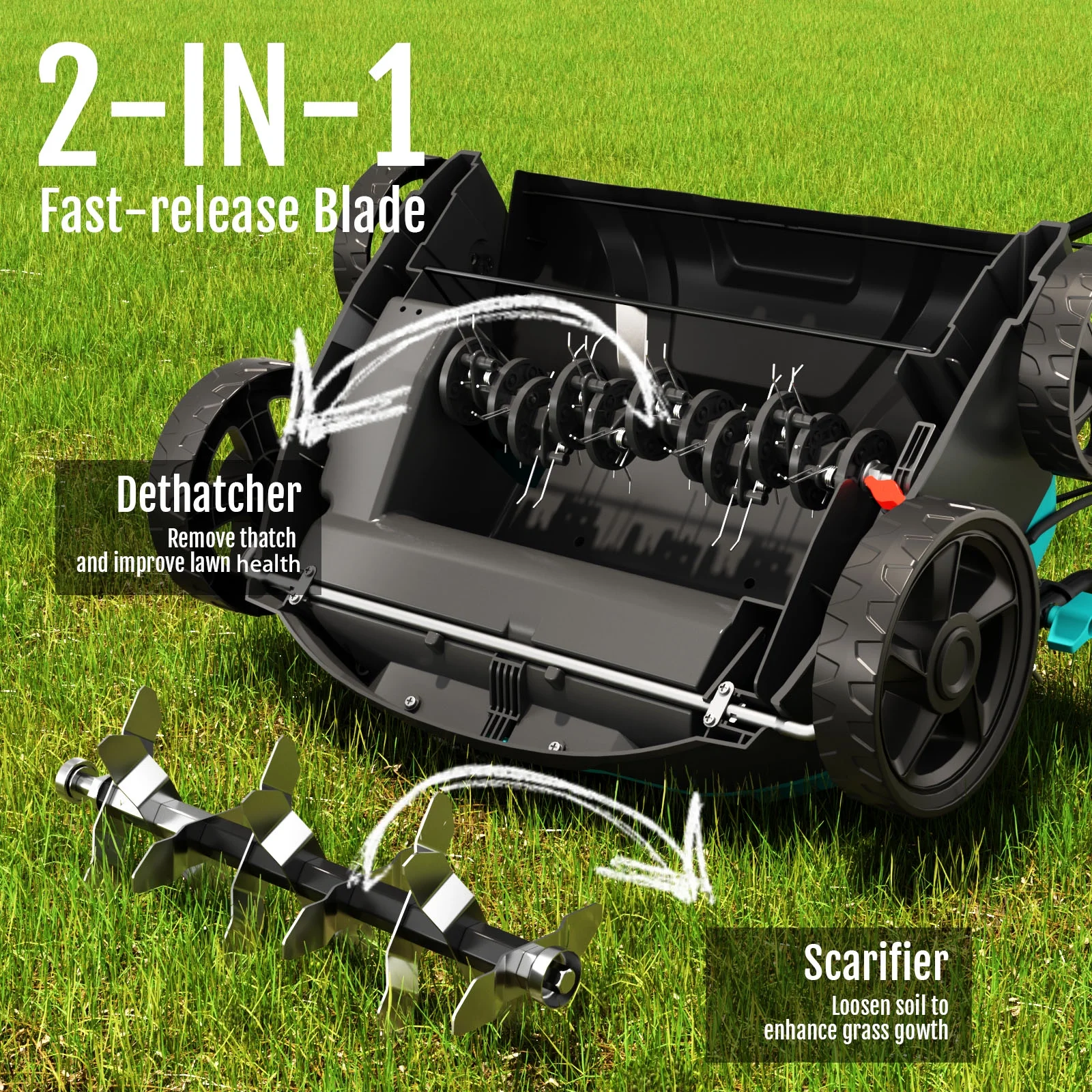 2-in-1 Scarifier and Dethatcher -C Deep Soil Revitalization with High-Torque Motor, Adjustable Depth Control, Dual Safety Switch & Removable 10.5-Gallon Thatch Bag - Image 3