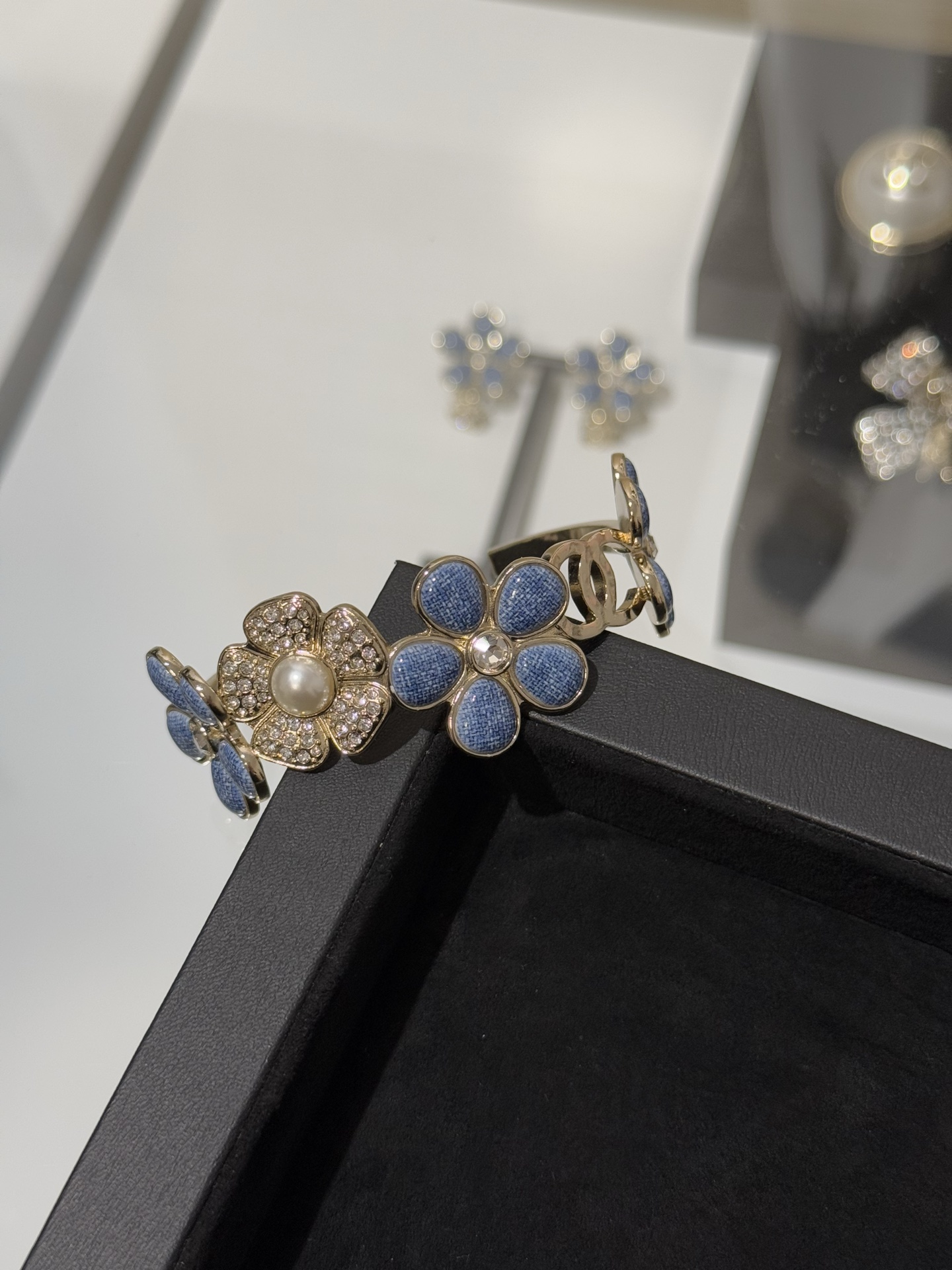 Chanel 26C Blue Denim Flower Diamond Paved Cuff Bangle Bracelet - Original Replica Club