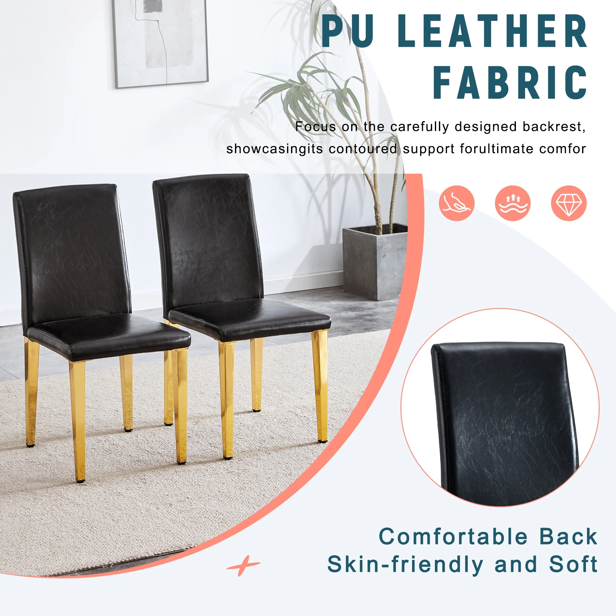 Set of 4 black PU leather backrest chairs with gold metal legs -A perfect pairing, ideal for minimalist and modern home decor styles, with product dimensions of 16.2*18.5*34.6 inches. - Image 6