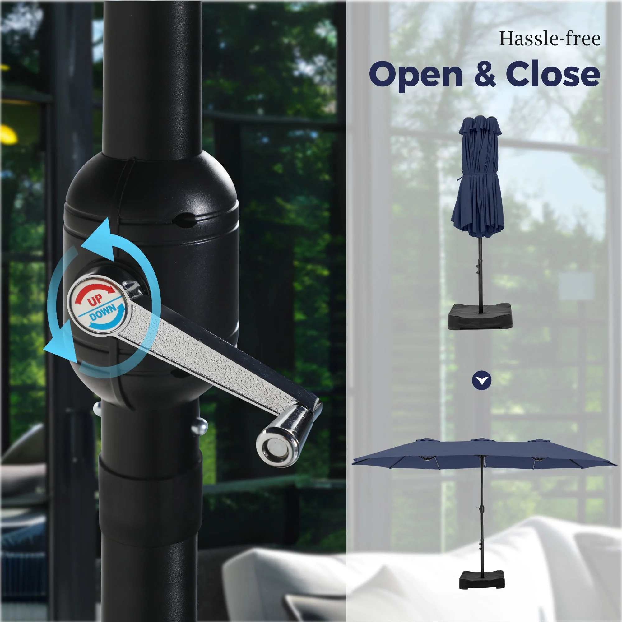 Alpha Joy 15ft Outdoor Patio Umbrella Extra-Large Double-Sided Garden Umbrella with Crank Handle and Base - Smoky Gray - Image 69