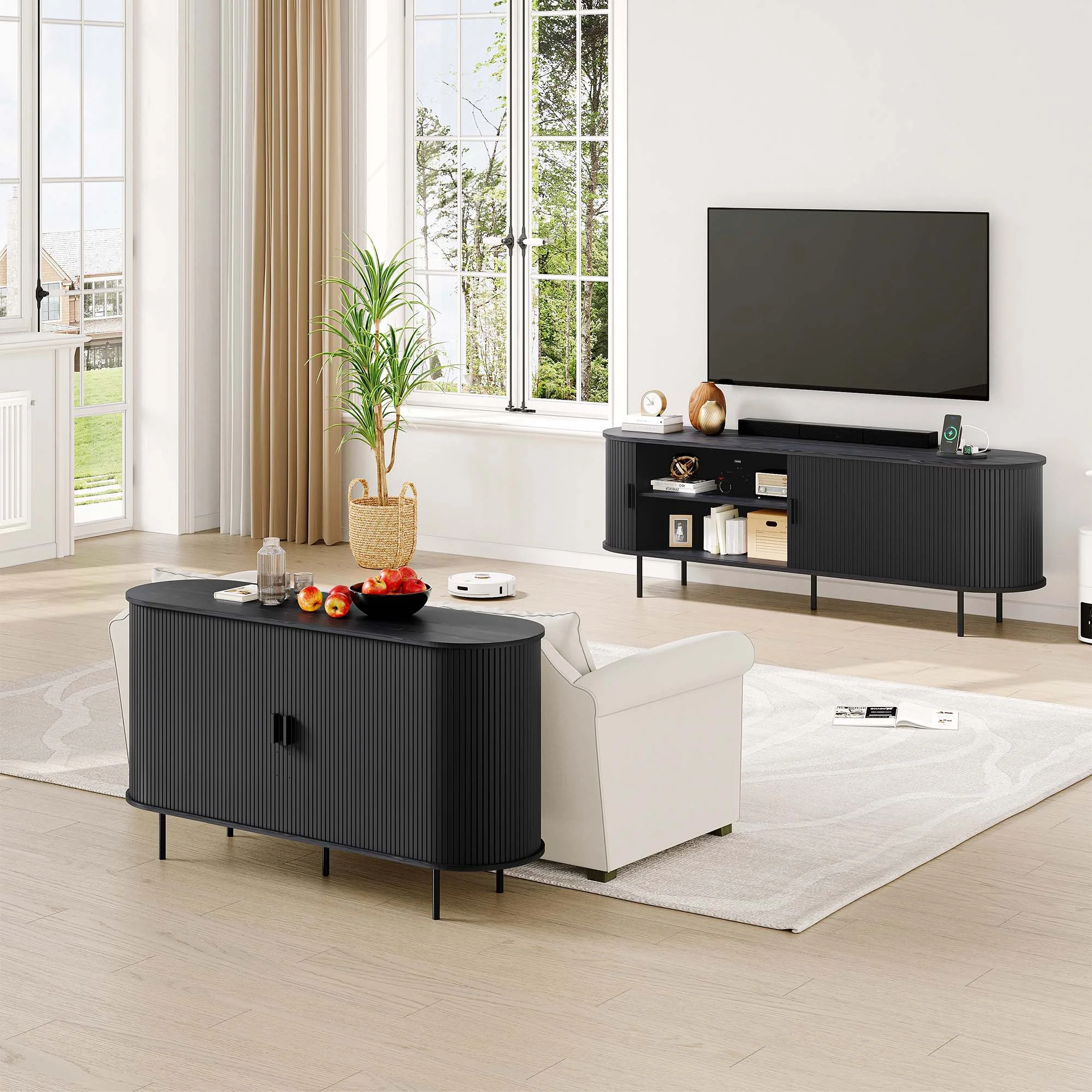 MARNUR 63" TV Stand for 70" TV, Wood Entertainment Center with Storage and Shelves, 2 Sliding Tambour Doors, Mid-Century Modern, Walnut - Image 21