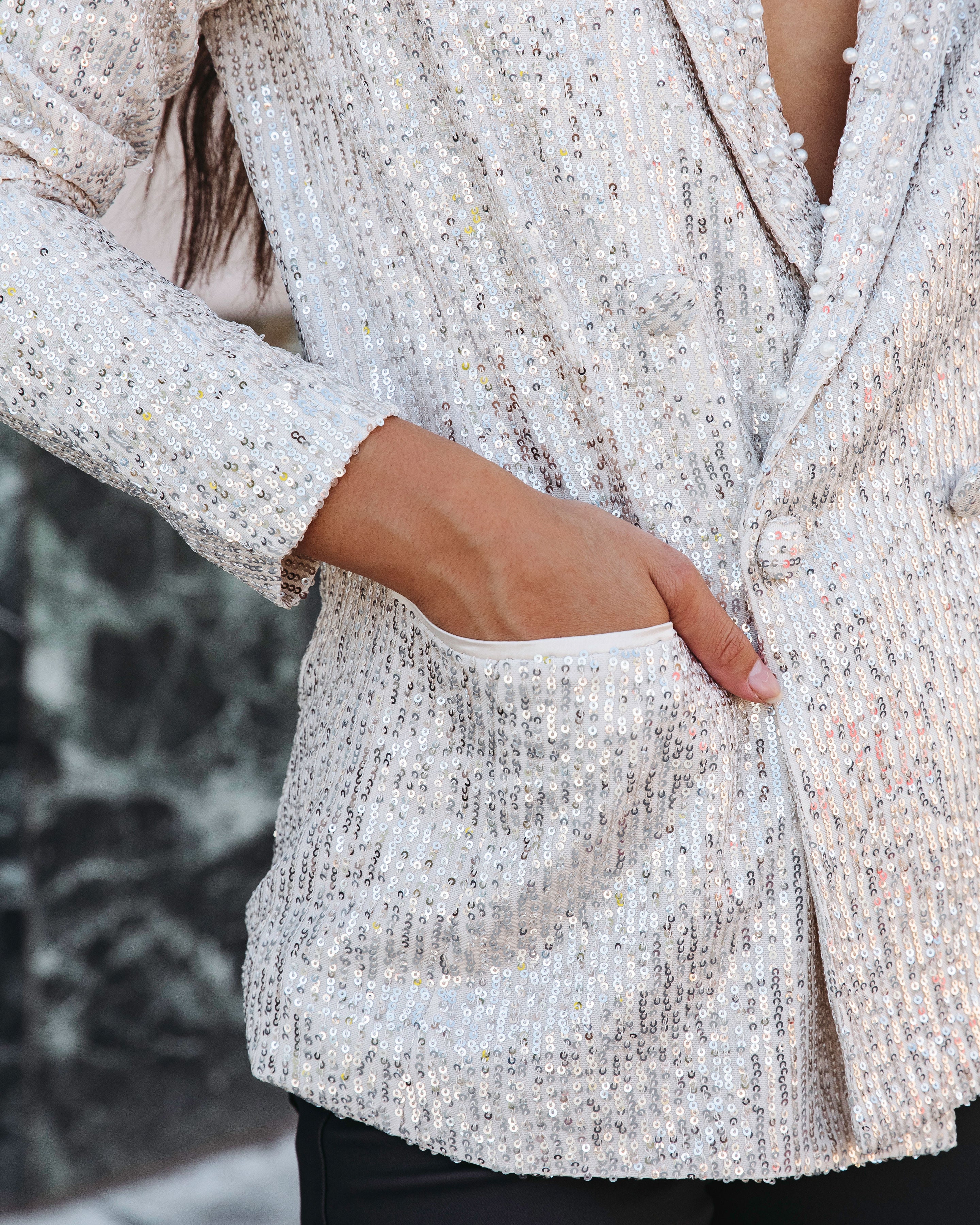 Friday Spotlight Pocketed Sequin Pearl Embellished Blazer - Silver - Se7enfashion