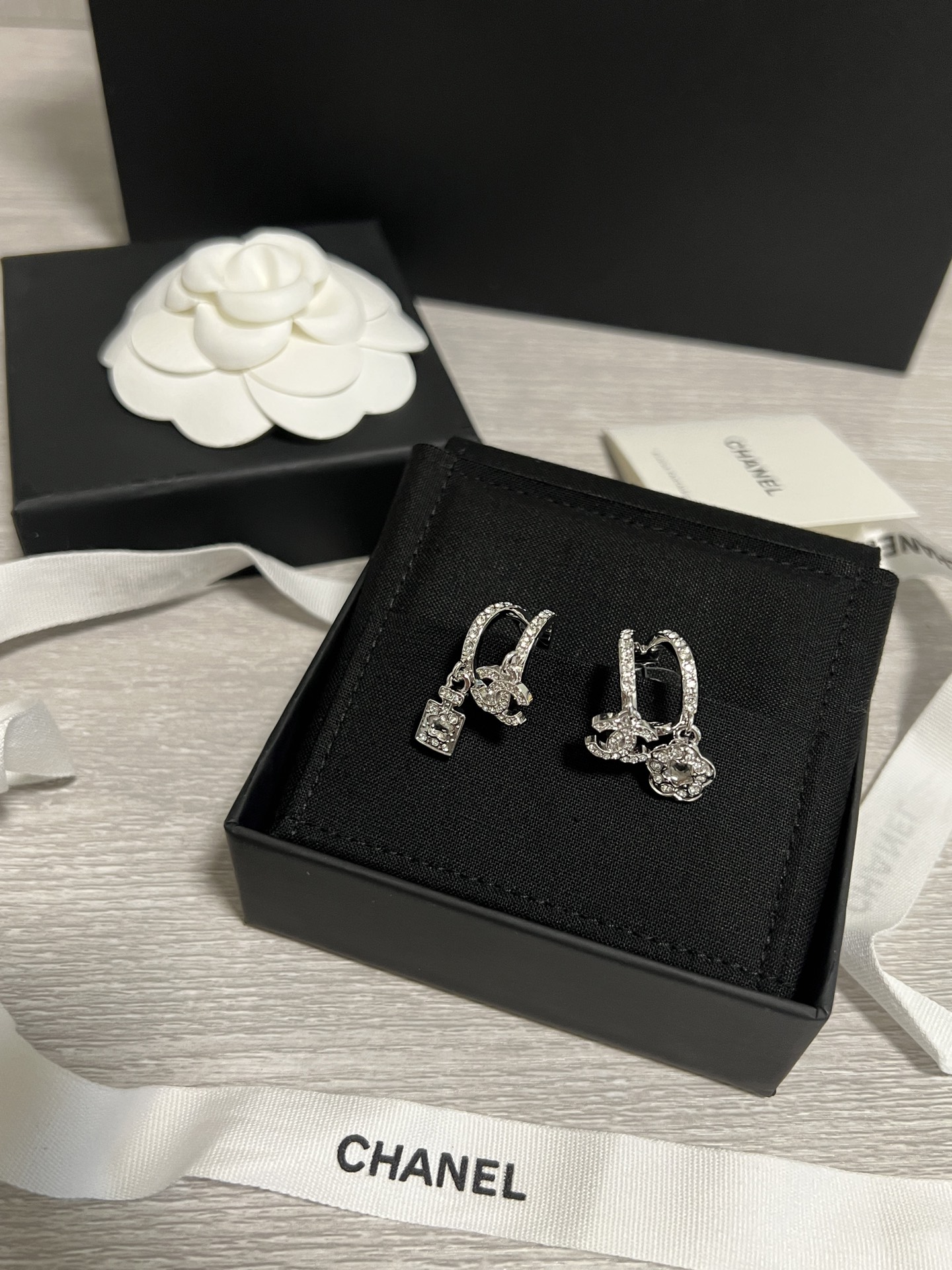 Chanel Asymmetric Silver Earrings with Rhinestone Perfume Bottle Camellia CC Dangle - Original Replica Club