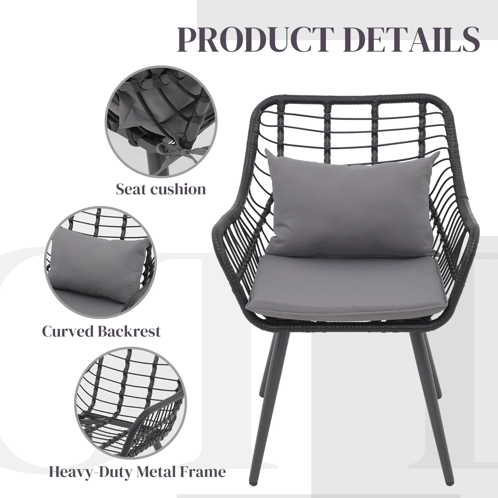 Patio Furniture Set, Betcozy3 Pieces Outdoor Chairs Set with Glass Coffee Table for Garden, Bistro, Porch, Balcony, Backyard - Image 20