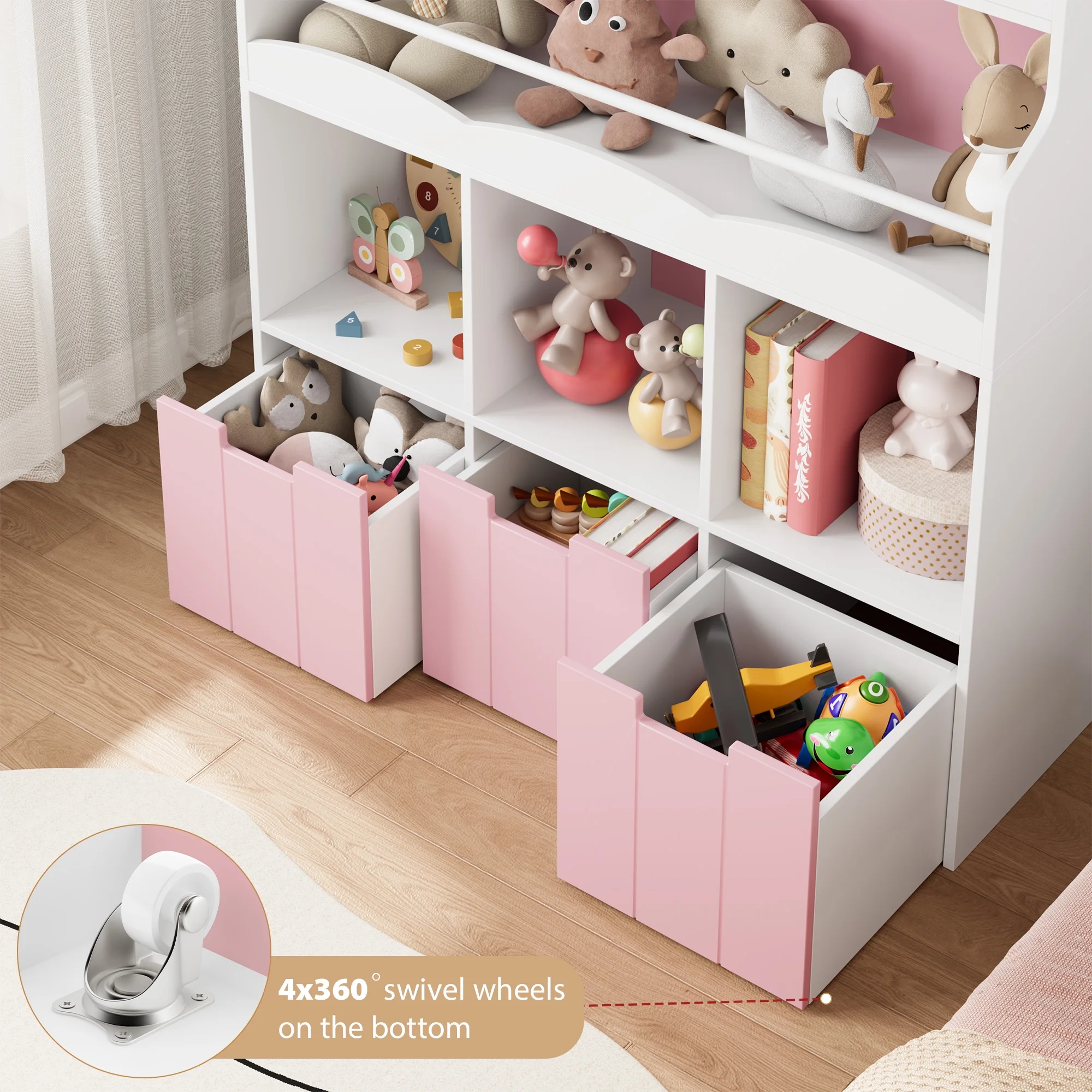 Homfa 55.5- H Kids Bookshelf with 2-Tier Book Shelves, Children Toy Organizer with 3 Cubes and Removable Drawers, White - Image 14