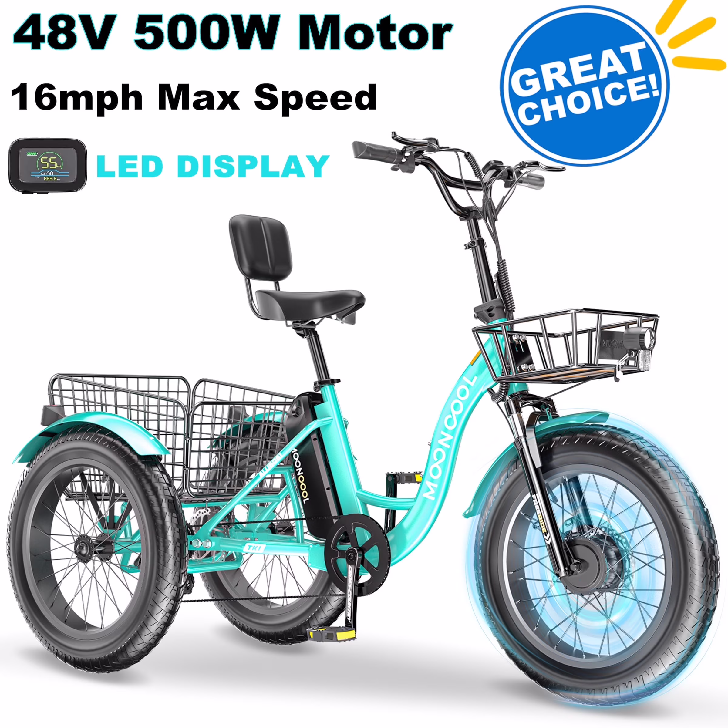 20" x 4" Fat Tire Electric Tricycle for Adult, 7 Speeds Electric Trike 48V 500W Motorized Tricycle , Electric Three Wheels Bicycle for Senior, Aluminum Frame & Rear Basket ,16mph - Image 3