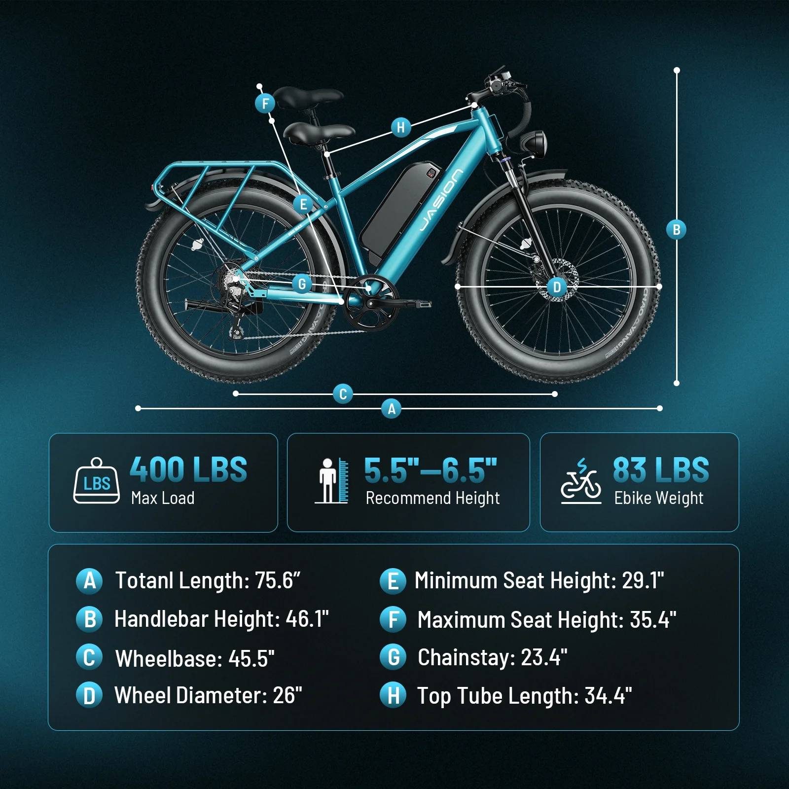 Jasion EB5 MAX Electric Bike for Adults, 750W Electric Mountain Bike with 48V 15Ah Battery, 26'' Fat Tire Off-Road Ebike, 28MPH Shimano 7 Speed Bicycle UL2849 - Image 16