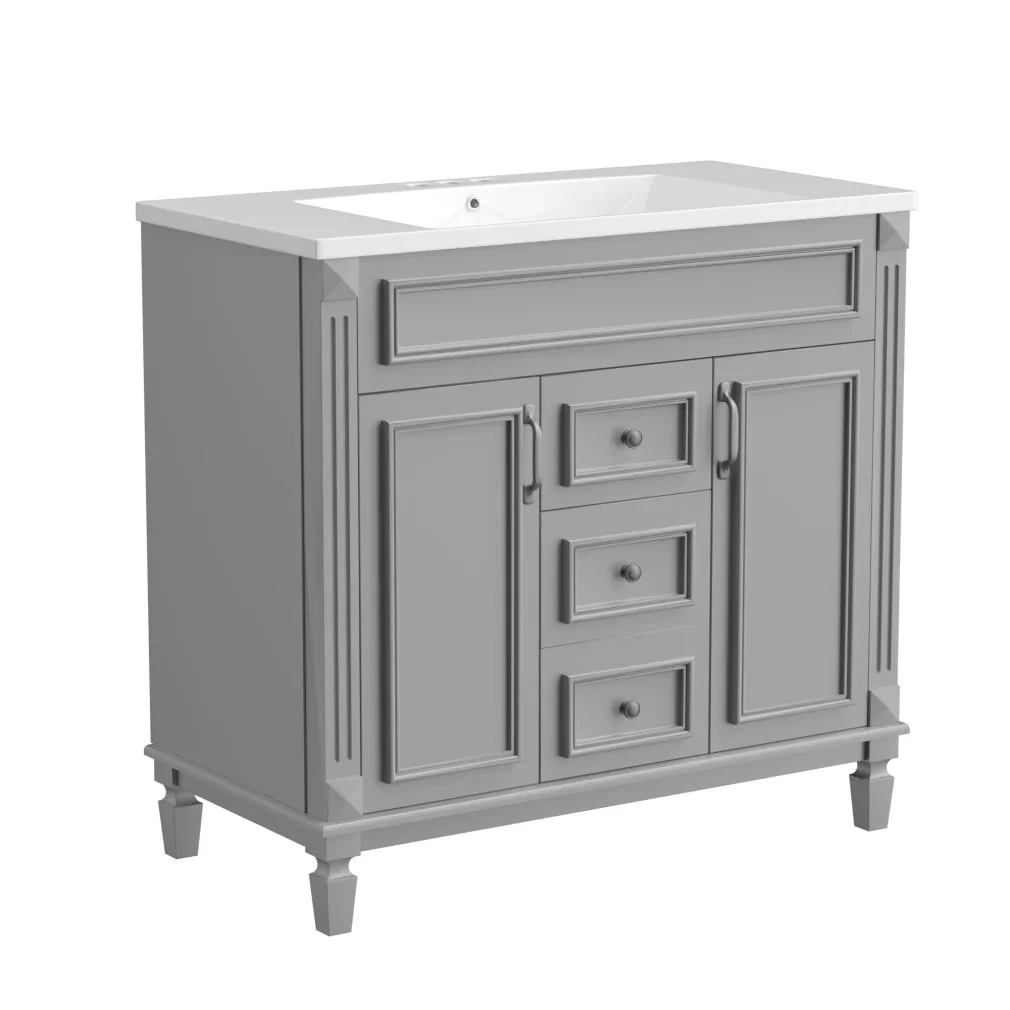 36'' Bathroom Vanity Set With Ceramic Sink Top, Mirror Cabinet, 2 Doors And 2 Drawers - Gray - Image 11 36'' Bathroom Vanity Set With Ceramic Sink Top, Mirror Cabinet, 2 Doors And 2 Drawers - Gray - Image 11