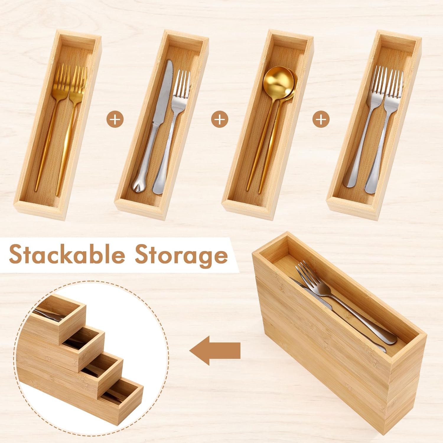 4 Pcs Bamboo Drawer Organizer Stackable Utensil Organizer for Kitchen Bamboo Storage Box Wood Silverware Tray for Drawer, Dresser, Bathroom 12