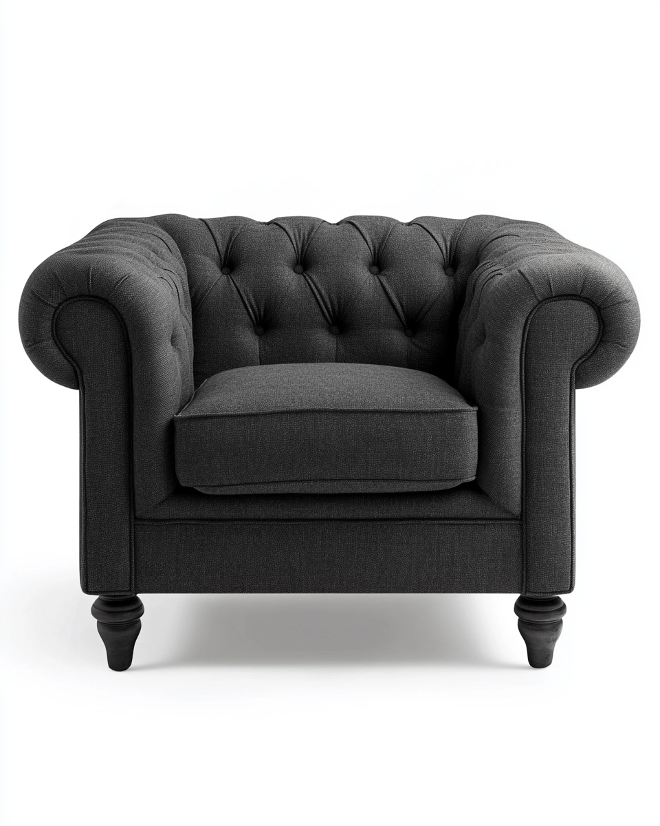 Sillón Chesterfield – tela lino gris oscuro – respaldo capitoné con brazos enrollados