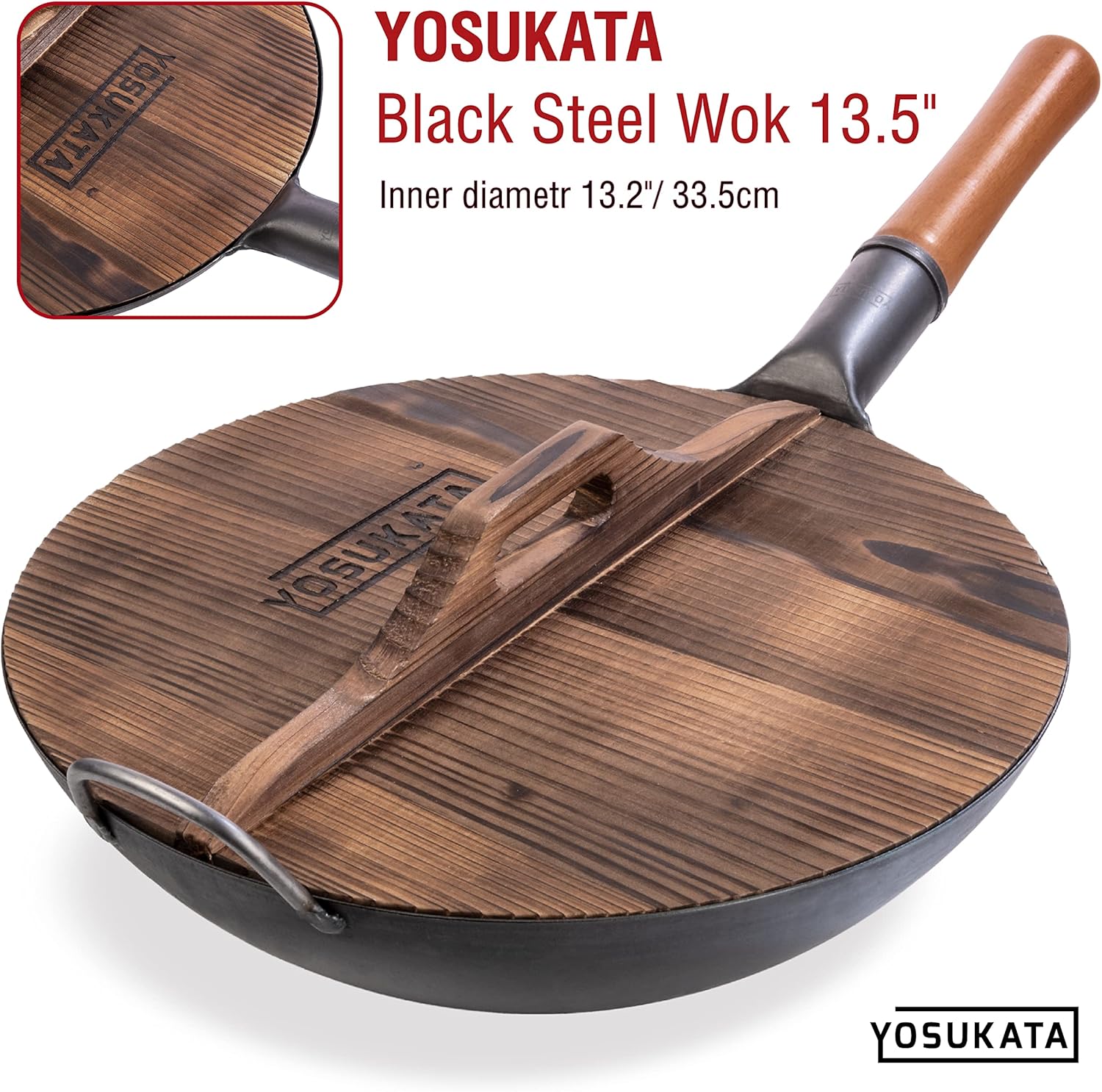 YOSUKATA Carbon Steel Wok Pan 13,5“ with Premium Wok Cover 13,5 inch Pan Lid