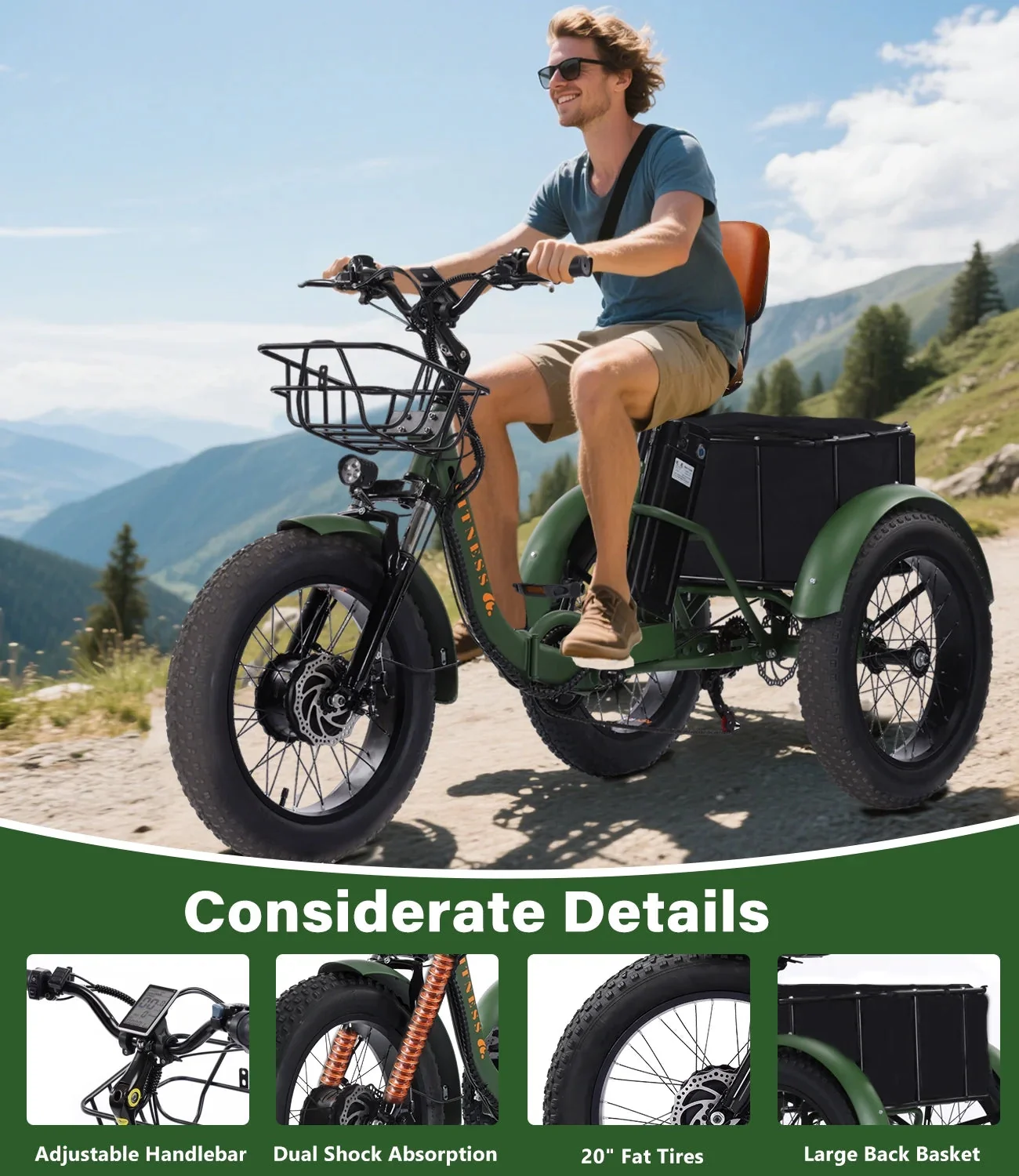 YEBEI Folding Electric Tricycle for Adults, 500W Motor, 48V15AH Lithium Battery, 20 x 4.0 in Fat Tires - Image 17 YEBEI Folding Electric Tricycle for Adults, 500W Motor, 48V15AH Lithium Battery, 20 x 4.0 in Fat Tires - Image 17