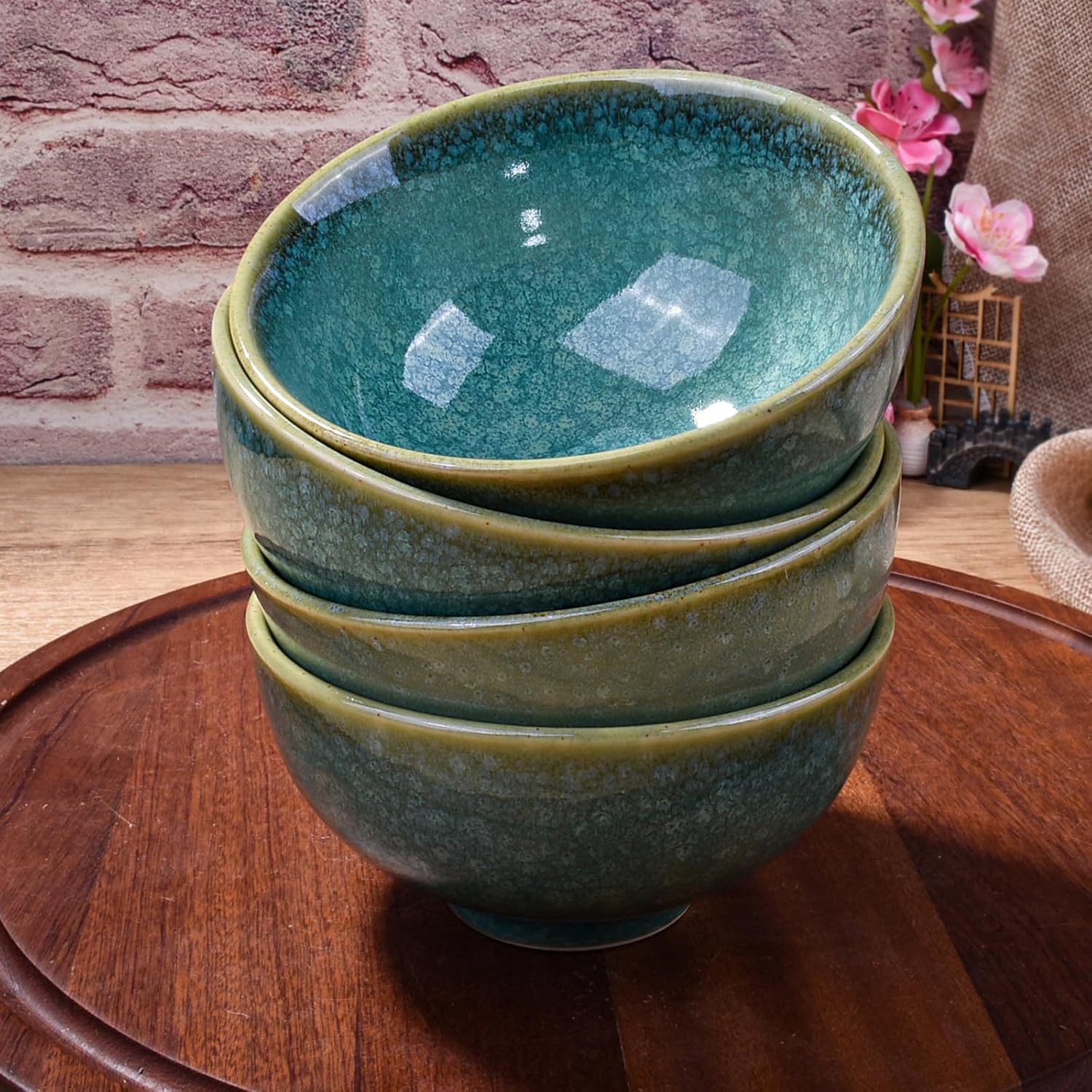 Porcelain Rice Bowls Ceramic Sushi Bowl Set of 4 Perfect for Soup Cereal Oatmeal Fruit Rice Microwave and Dishwasher Safe Green