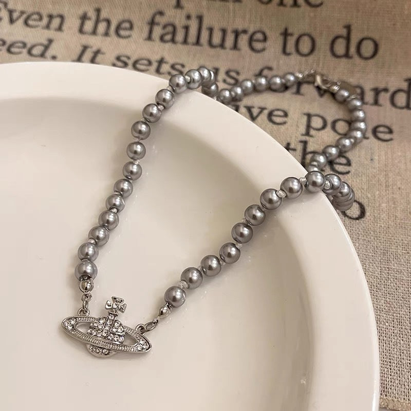 Vivienne Westwood Saturn Pendant Grey Pearl Necklace - Original Replica Club