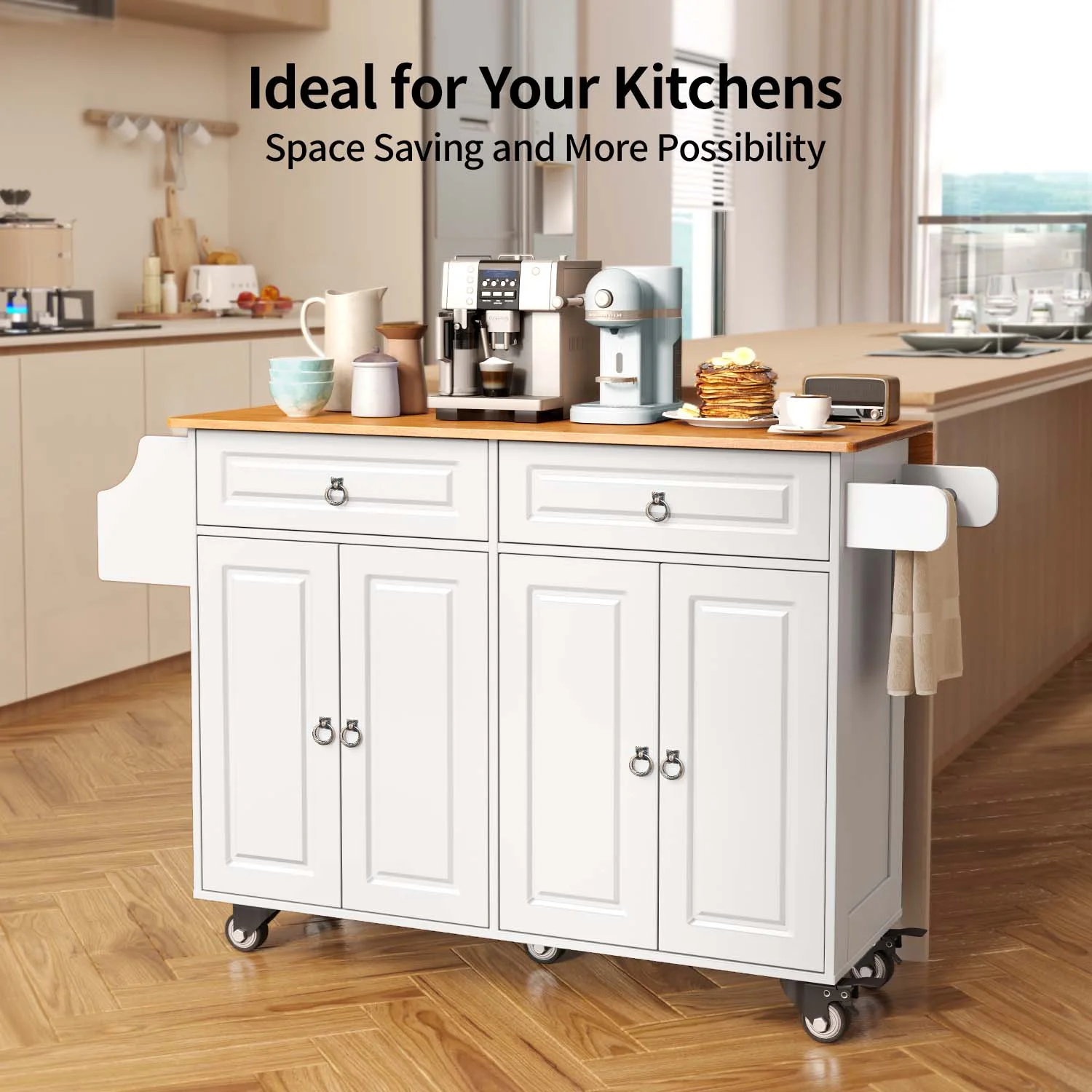 Lofka 52-Inch Kitchen Island with Storage on Wheels with Wood Drop Leaf, Ideal for Small Kitchens - Image 8