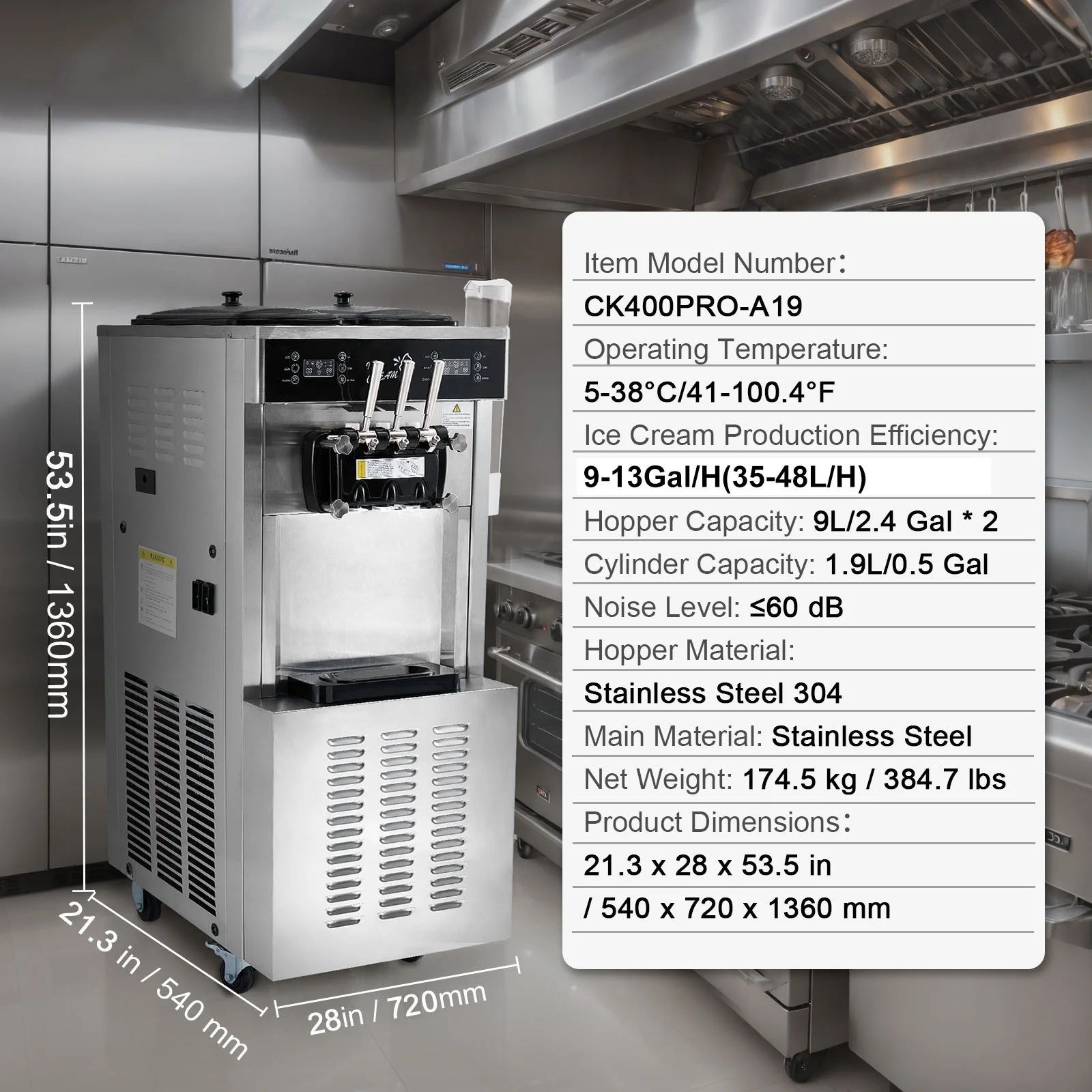 KFFKFF Soft Serve Ice Cream Machine for Commercial Use, 34-44 L/H Production, 3400W, Triple Flavor, Freestanding Design, Dual 9L Stainless Hoppers, LED Control for Single Cylinder - Image 4
