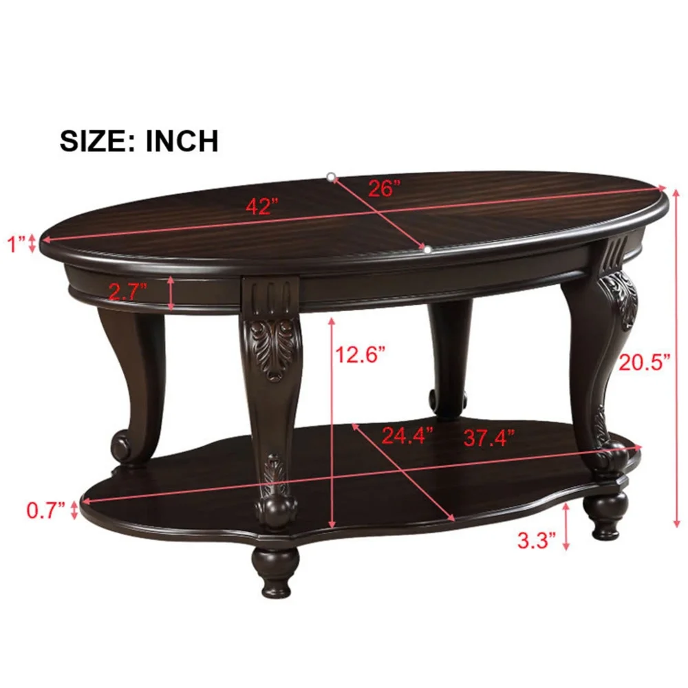 42" Oval Coffee Table with Storage Shelf, 2-Tier Solid Wood Cocktail Tea Table, Traditional Retro Center Table for Living Room, Bearing 400LBS, Cherry - Image 10