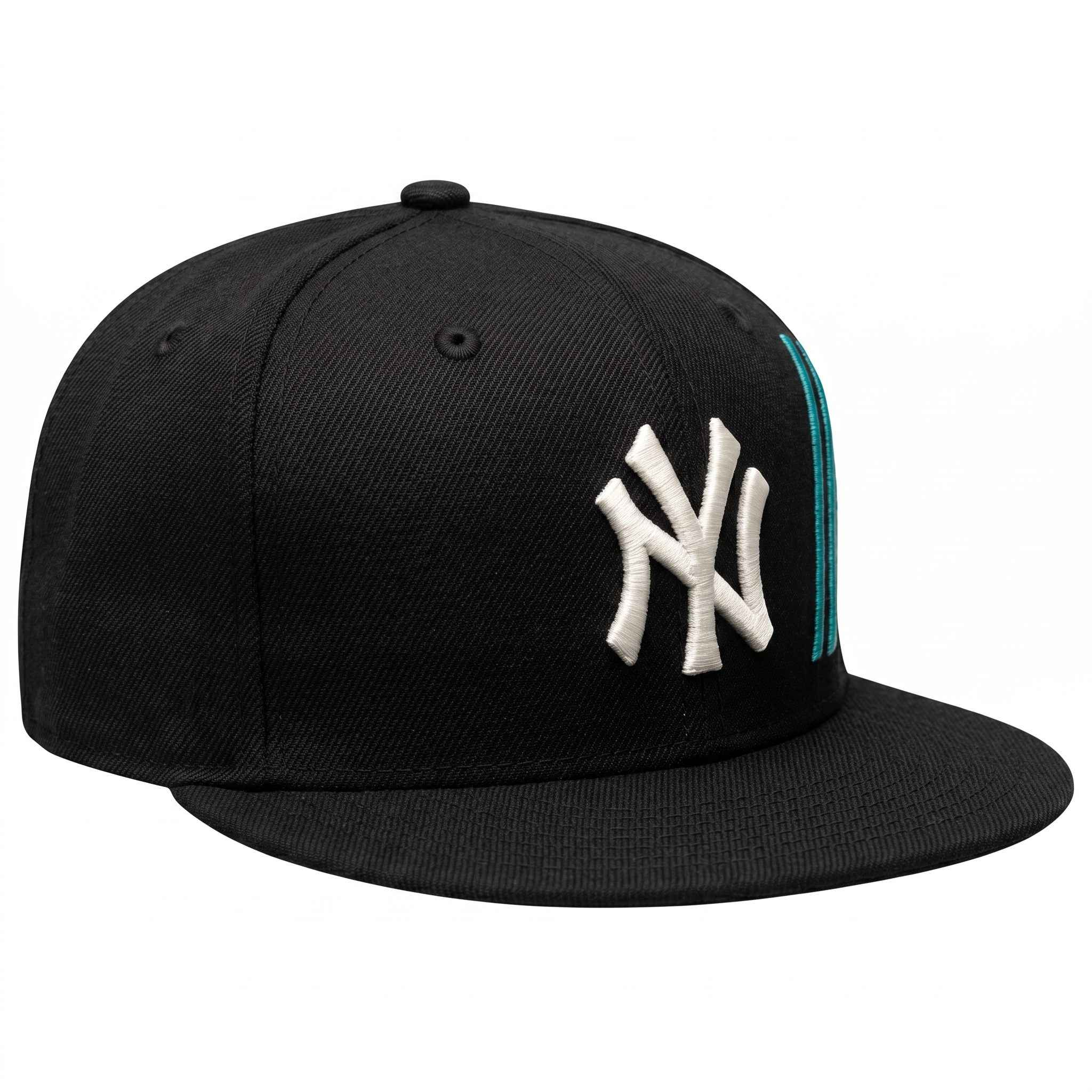 Angled view of the black New York Yankees 9FIFTY stretch cap highlighting the raised white team logo and teal side accent stitching
