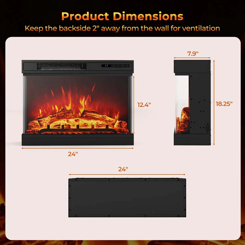 Eletriclife 24 Inches 3-Sided Glass Electric Fireplace Heater with Remote Control