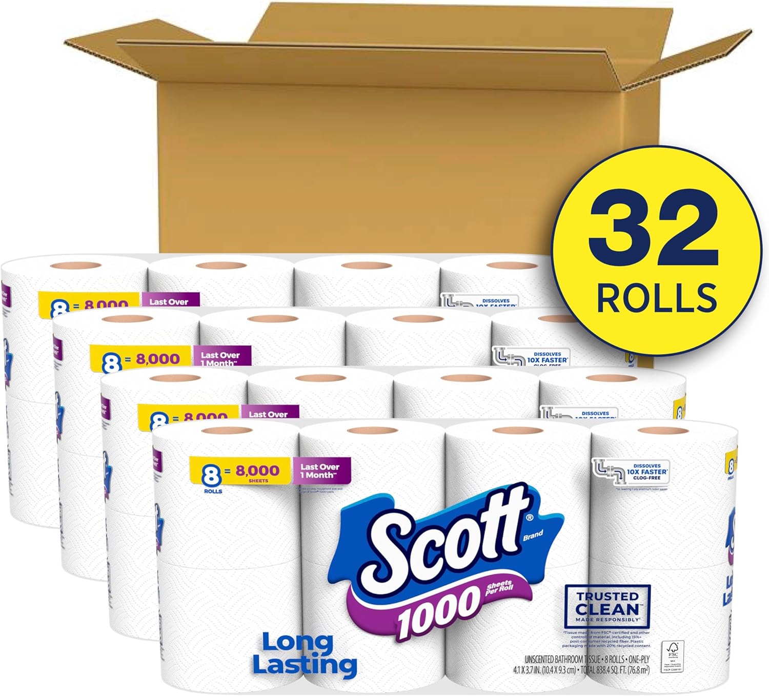 Scott 1000 Trusted Clean Toilet Paper, 32 Rolls, Septic-Safe, 1-Ply Toilet Tissue