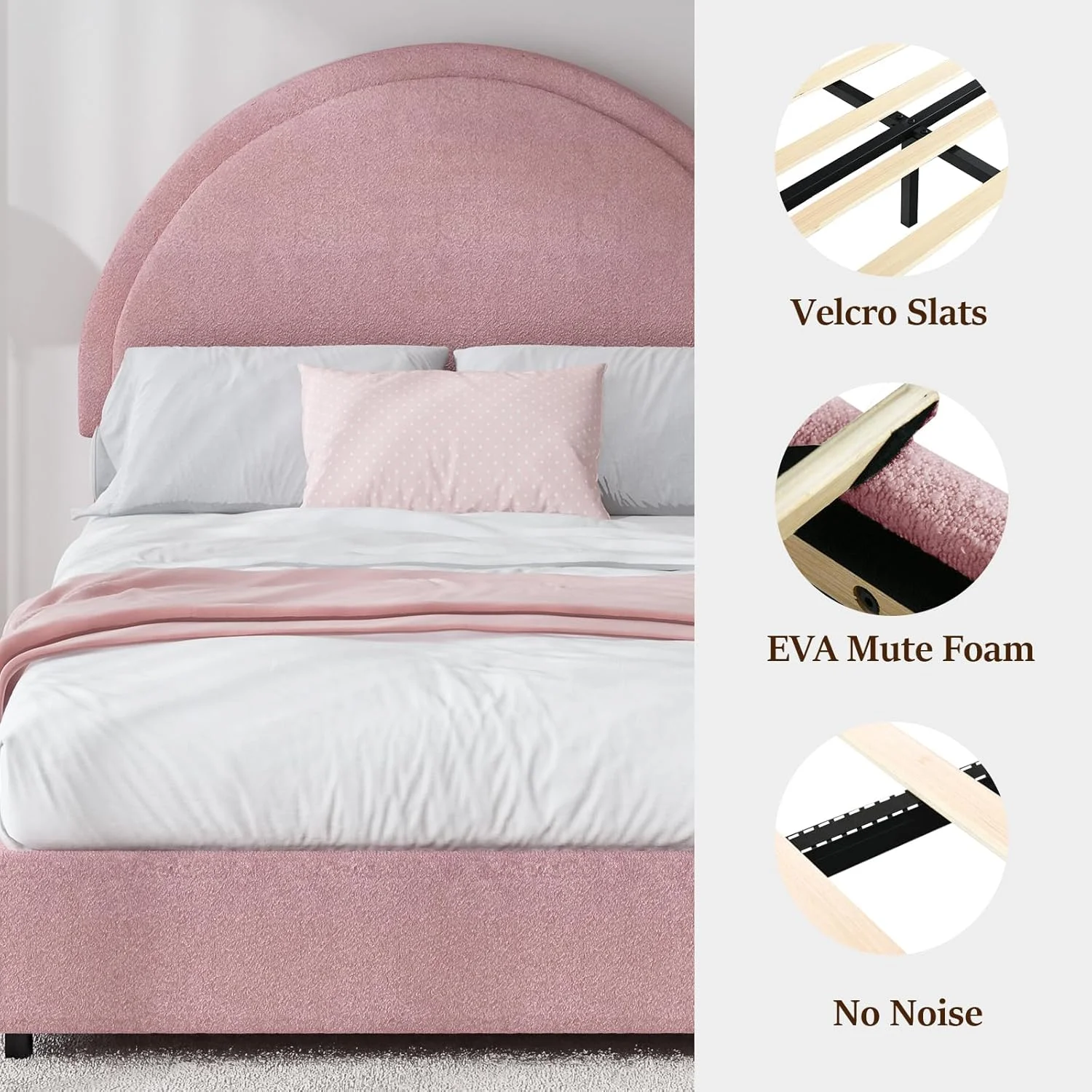 4 EVER WINNER Queen Size Bed Frame, Boucle Upholstered Bed Frame with Headboard, White Queen Bed Frame, White