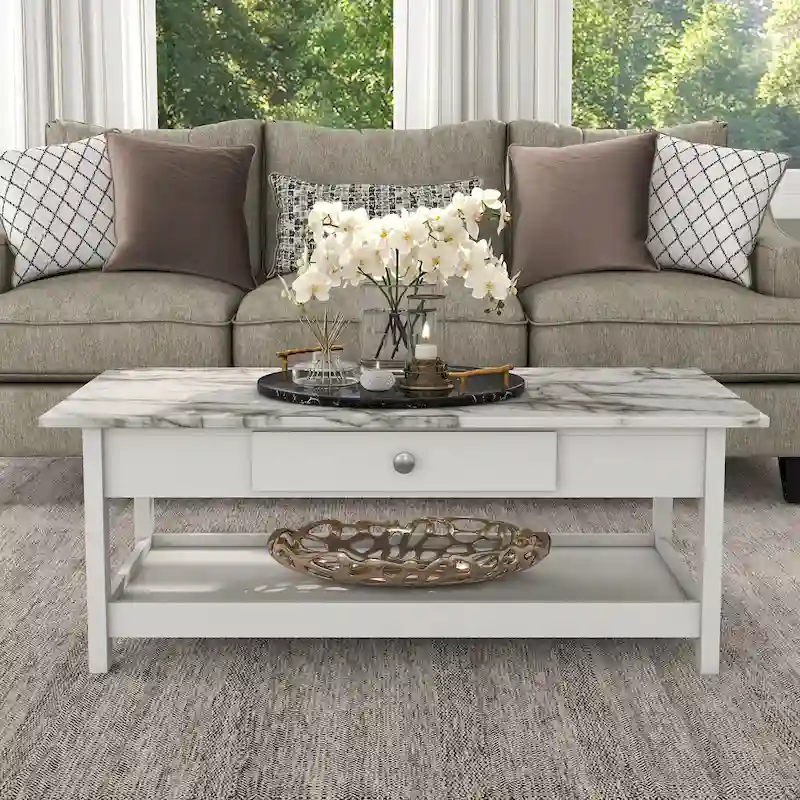 Denhour DH BASIC 4-Piece Open-Shelf Coffee Table Set with Drawer in Transitional Rubberwood