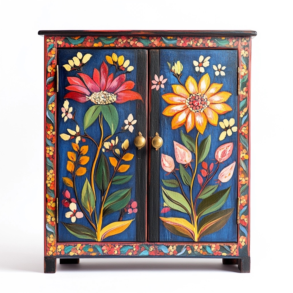 Armario bajo decorativo de madera pintado a mano para sala de estar diseño floral colores vivos estilo artesanal funcional almacenamiento compacto AV3749698