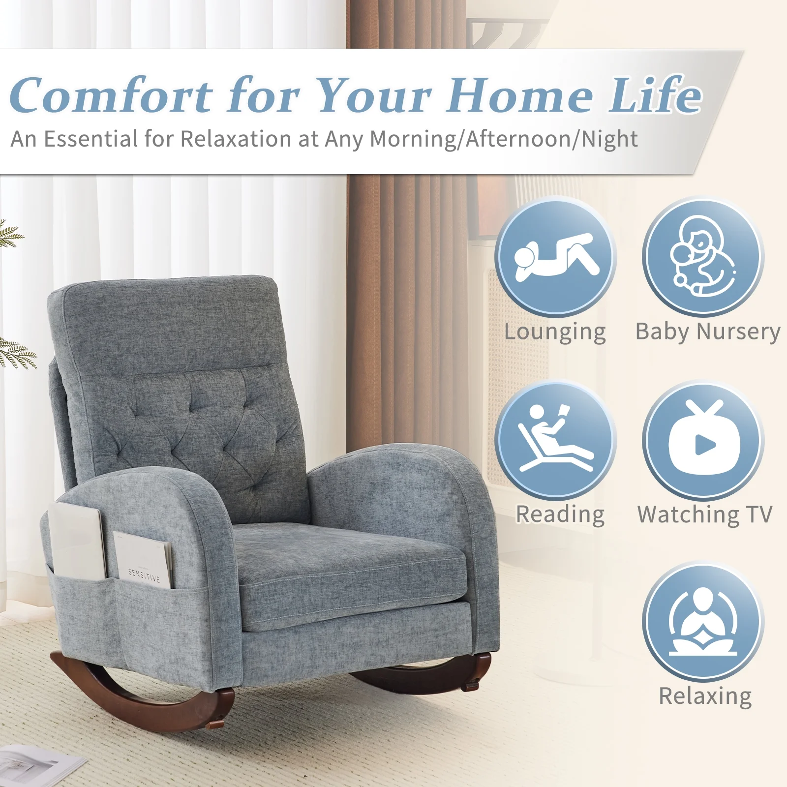 Ktaxon Rocking Accent Chair Glider Reading Chair Comfy Teddy Velvet Upholstered Single Sofa Rocker for Living Room, Nursery, Bedroom Beige - Image 54